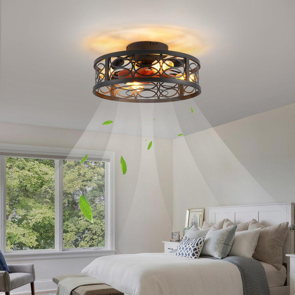 20" Boho Rattan Caged Ceiling Fan with Light,Low Profile Flush Mount Bladeless Ceiling Fan with Remote Control, 6 Speeds Reversible Silent Motor, Farmhouse Fabric Fandalier for Bedroom,Living Room
