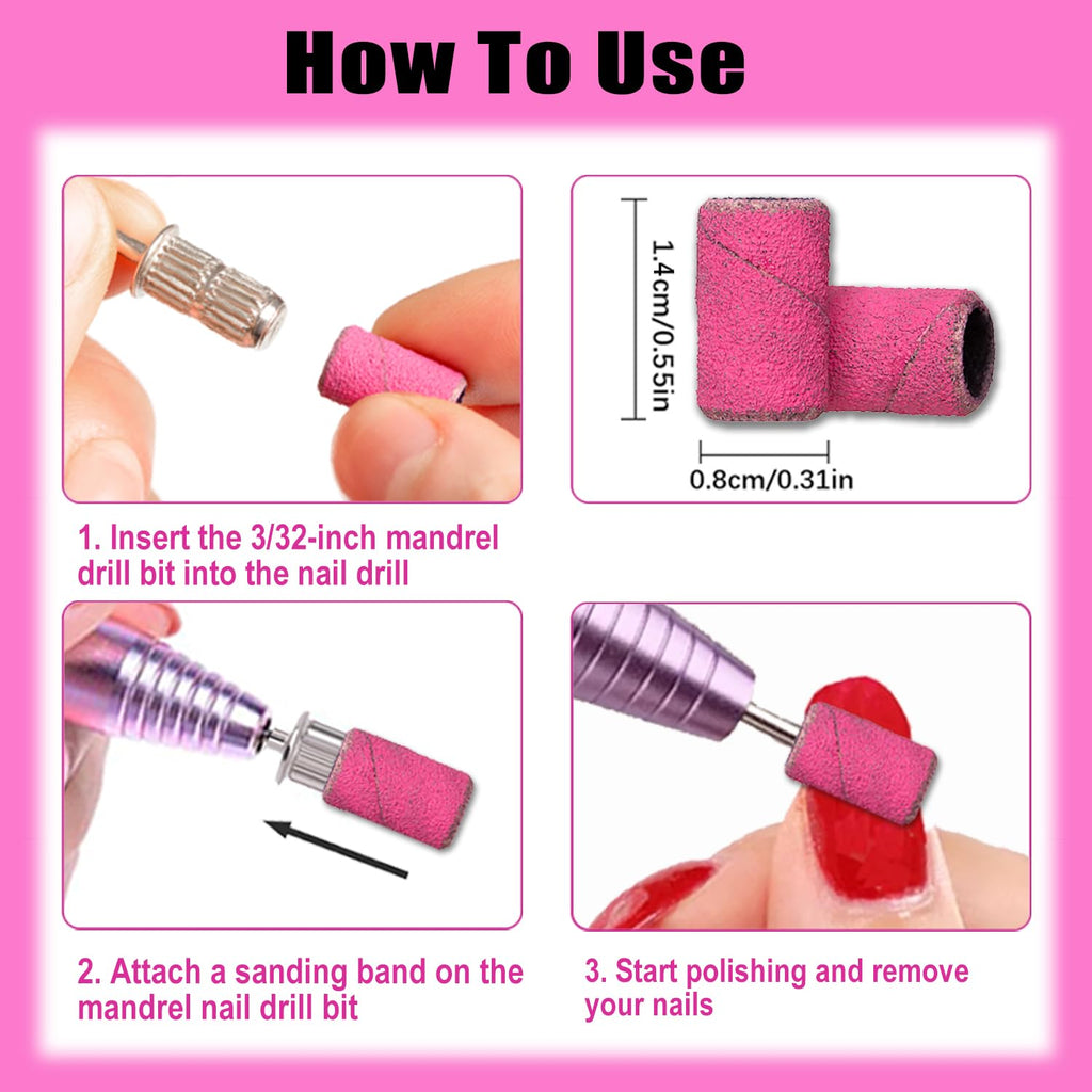 Haozher Nail Drill Bits, 135 Pcs Sanding Bands for Nail Drill, Nail Tips for Drill Bits Nail Tech, Mix 80#120#180#240# Fine Grit File Sanding Bands for Acrylic Gel Manicures Pedicure