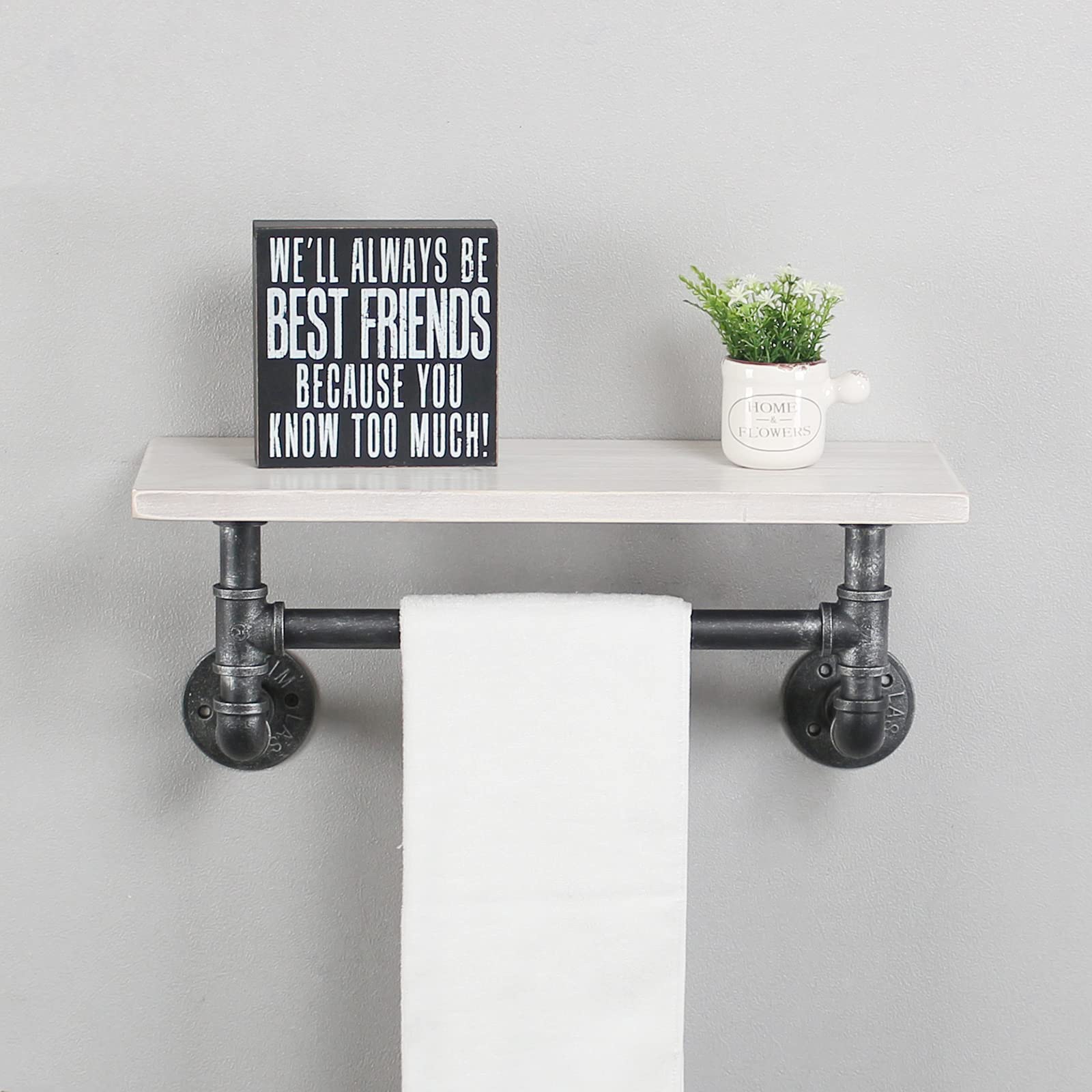 MBQQ Industrial Pipe Shelf Bathroom Shelves Wall Mounted,19.6in Rustic Wood Shelf with Towel Bar,1 Tier Farmhouse Towel Rack,Pipe Shelving Floating Shelves Towel Holder,Black & White