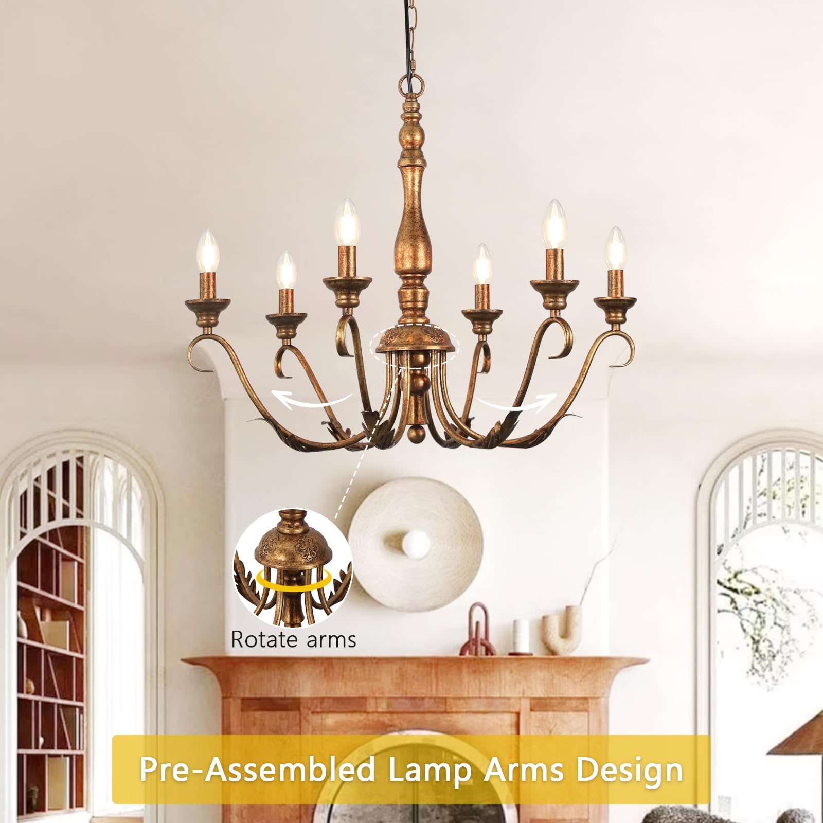 6-Light Farmhouse Chandeliers for Dining Room, 23.62'' Vintage Brass Gold Chandelier, Adjustable Rustic Metal Hanging Pendant Light Fixture for Kitchen Island Entryway Foyer Bedroom Hallway