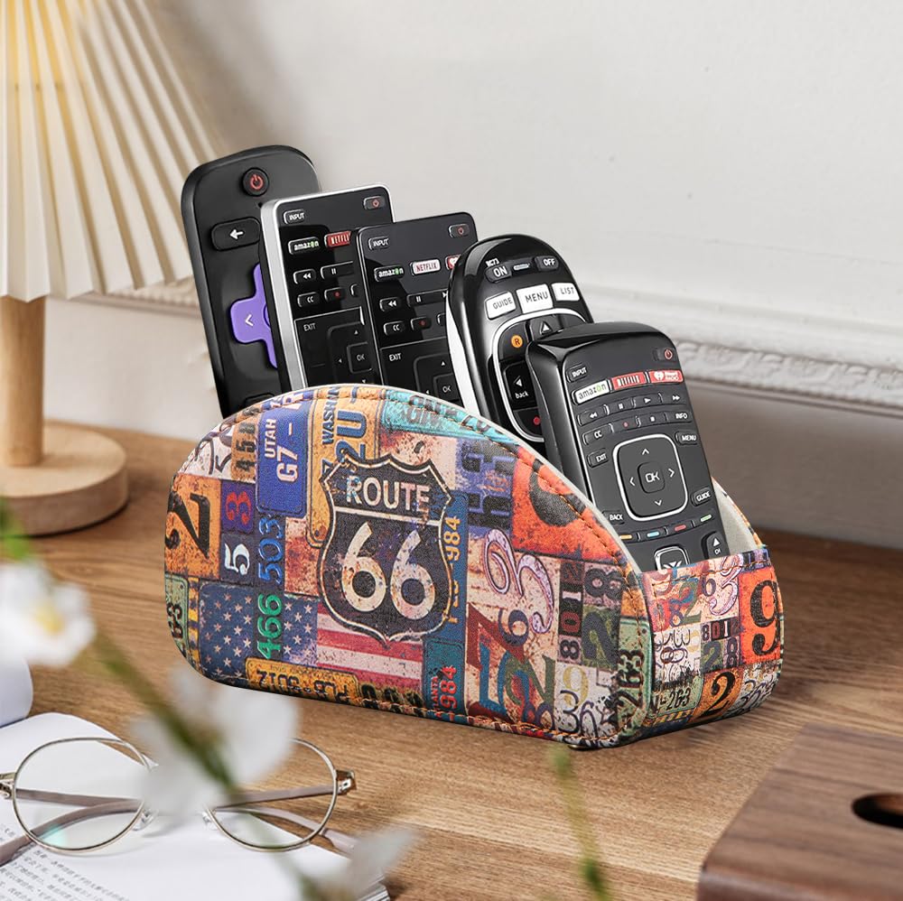 YAPISHI All-in-One Leather Brown TV Remote Holder with 5 Compartments Nightstand Desktop Media Player Remote Caddy Storage Box Organizer Tray for Mobile Office Phone Controller
