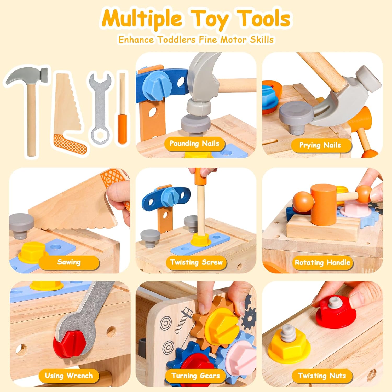 TONZE Kids Tool Set with Apron, 39 PCS Wooden Toddler Tool Bench Box Montessori Toys for 2 3 4 Year Old Boys Girls, Educational STEM Construction Toys Pretend Play Toddler Toys Age 3-5 Birthday Gift