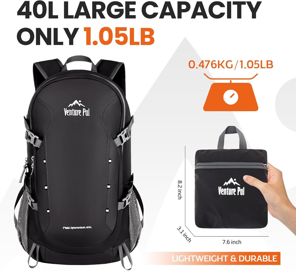 Venture Pal 40L Lightweight Packable Travel Hiking Backpack Daypack-Black