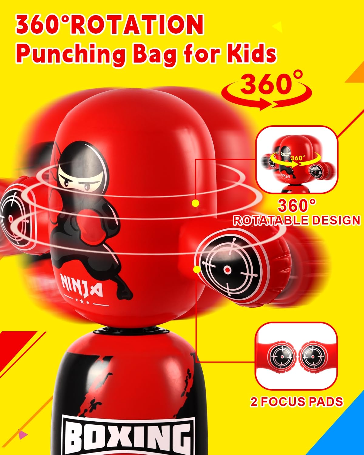 Punching Bag for Kids,New Upgraded 360°Rotating Kids Punching Bag,Inflatable Boxing Bag Toy for Boys Girls, Christmas Birthday Gift for Kids Age 3-12