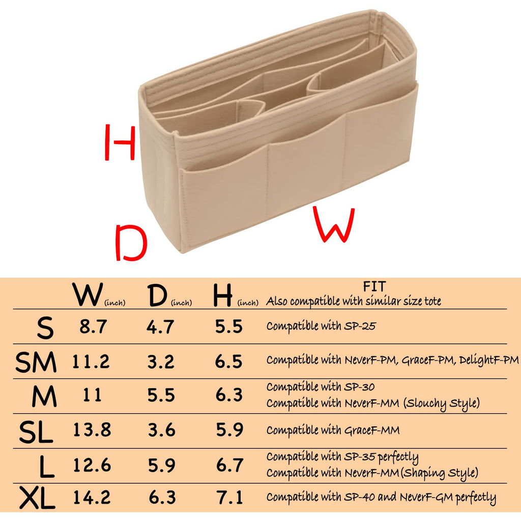 DailyPlus Purse Organizer Insert Felt Bag Organizer Handbag Organizer Insert Bag In Bag Organizer for Tote Purse Bag 14 Pockets Beige Small