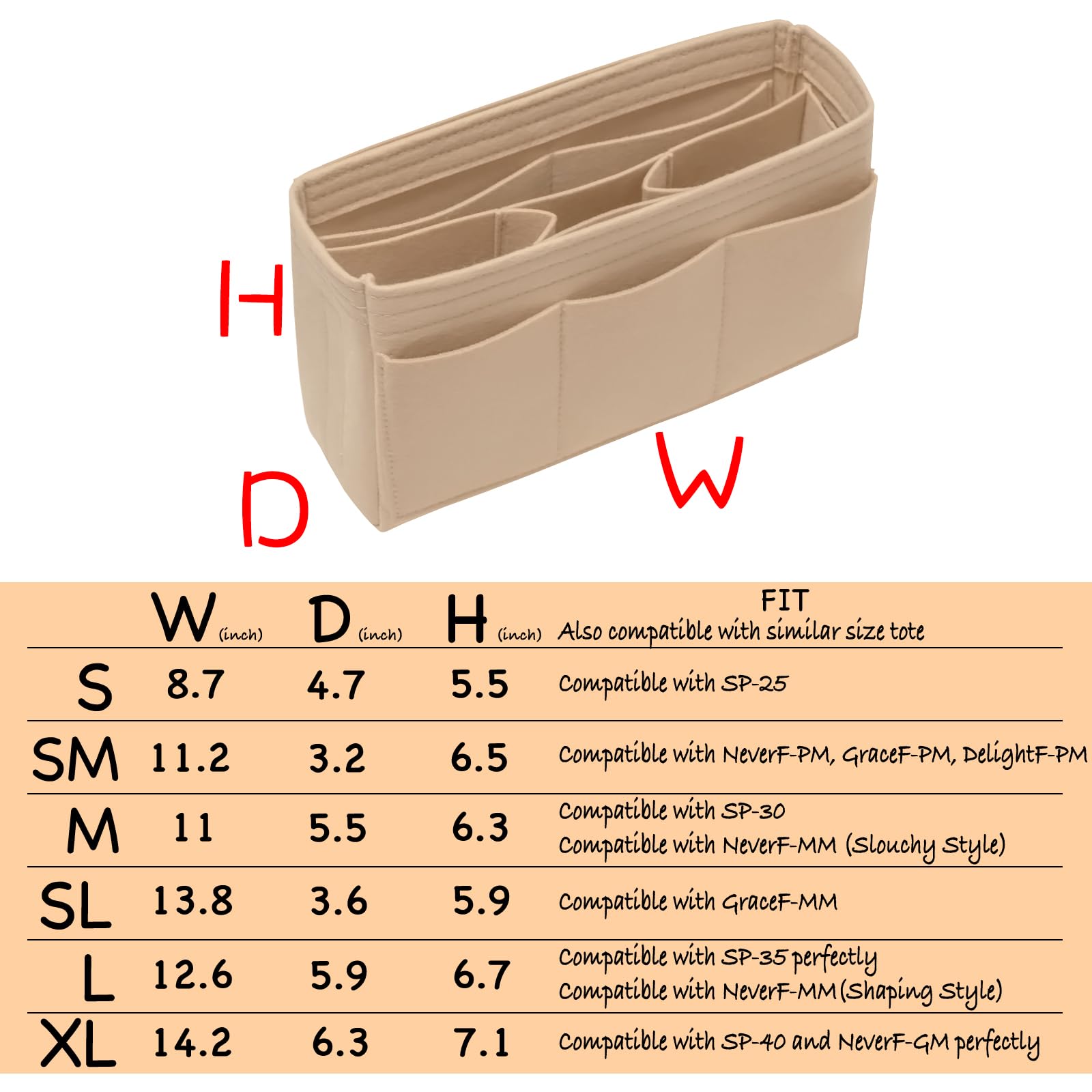 DailyPlus Purse Organizer Insert Felt Bag Organizer Handbag Organizer Insert Bag In Bag Organizer for Tote Purse Bag 14 Pockets Beige Small