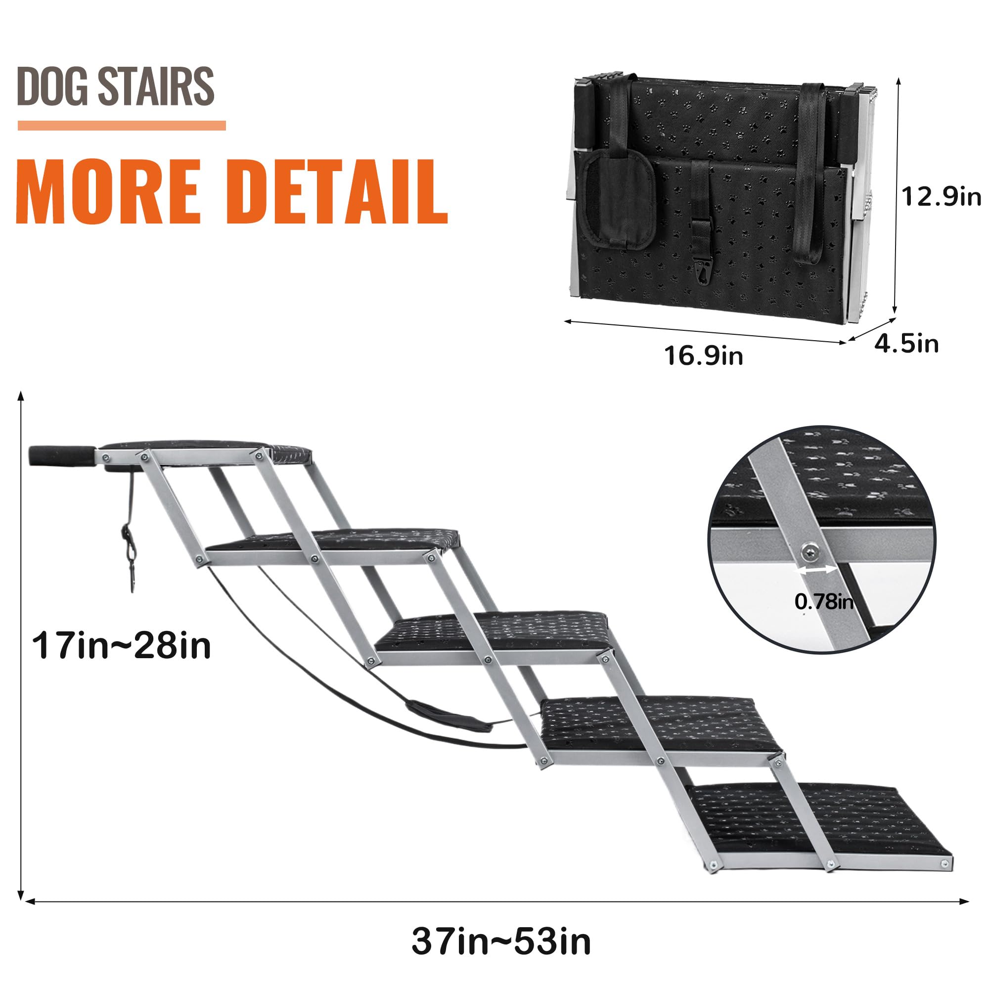 Dog Stairs for Car - Foldable Dog Ramps for Large Dogs with Non Slip Surface, Portable Dog Steps for Cars and SUV, Truck, Support Up to 200 Lbs
