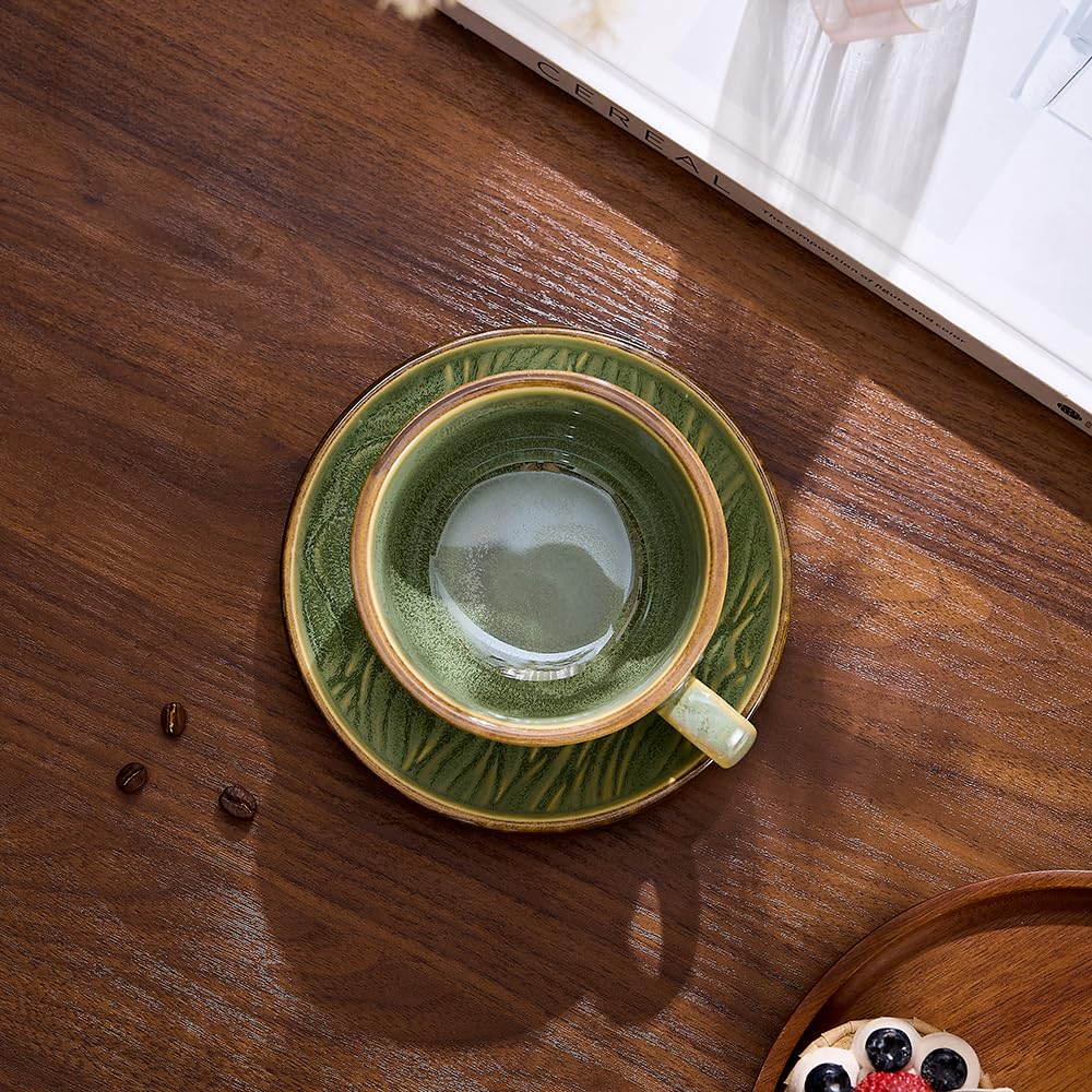 Coffeezone Vintage Design 12 oz Ceramic Latte Art Cappuccino Barista Cup with Saucer (Beige)