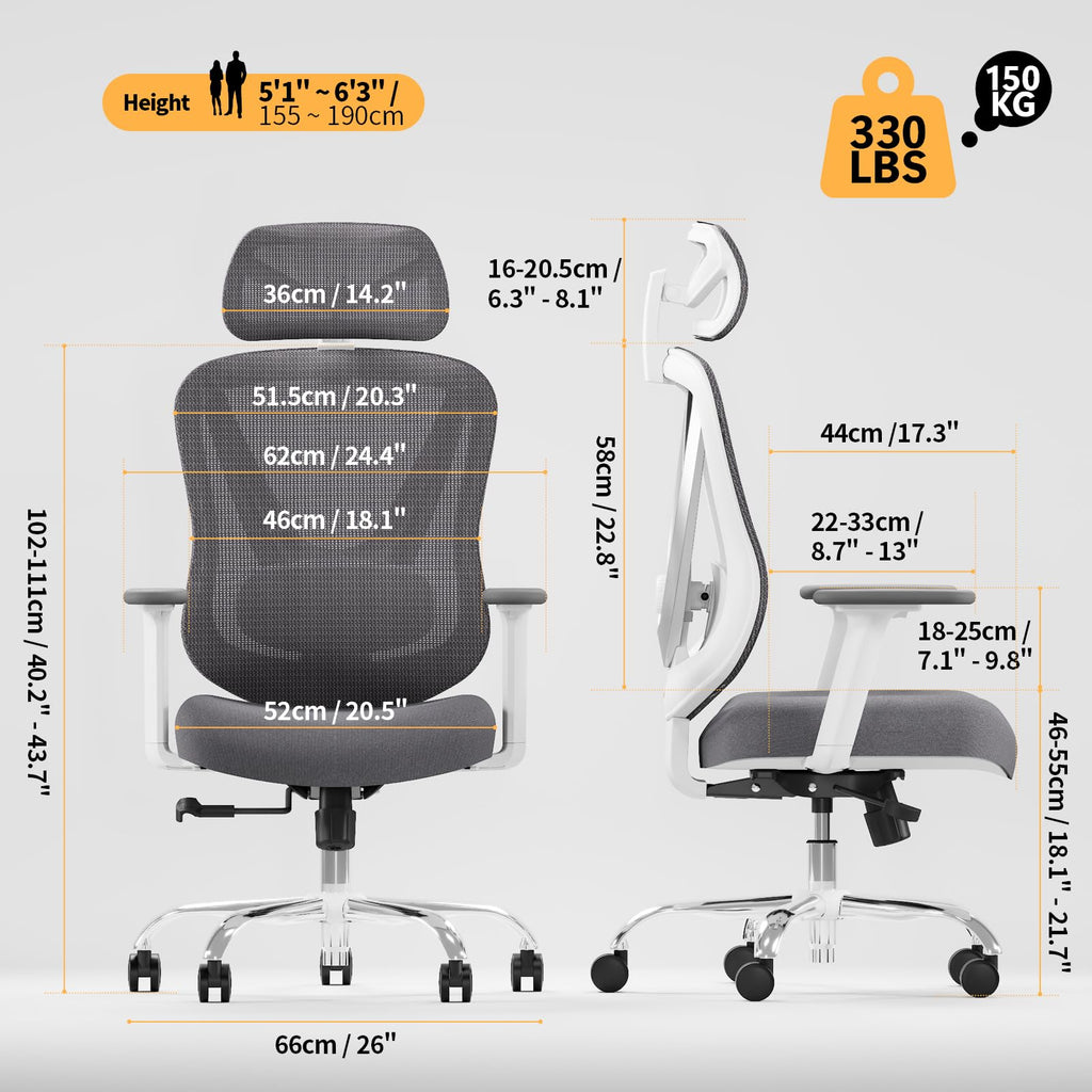 HOLLUDLE Ergonomic Mesh Office Chair - 3D Adjustable Lumbar Support & 3D Armrests, V-Shaped Back, Adjustable Desk Chair for Office & Home, Black