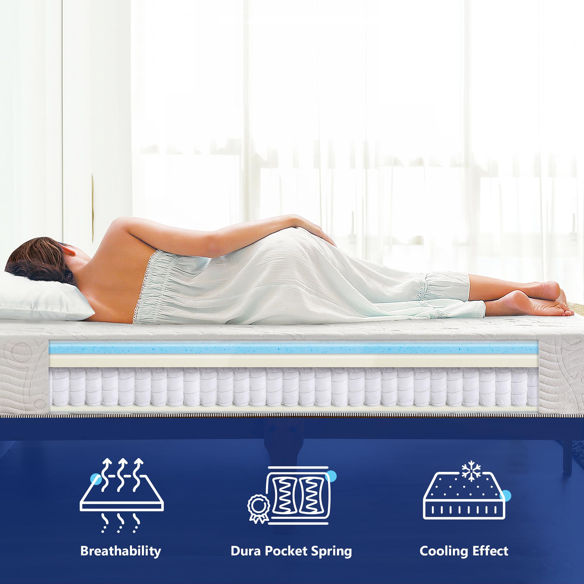 Olee Sleep Full Mattress, 10 Inch Support Cloud Hybrid Mattress, Gel Infused Memory Foam, Pocket Spring for Support and Pressure Relief, CertiPUR-US Certified, Bed-in-a-Box, Soft, Full Size