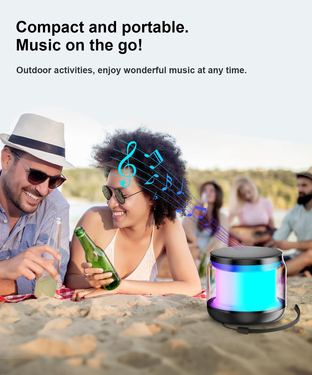 Mini Portable Bluetooth Speaker, TWS Pairing Bass LED Lights, Rechargeable | Long Playtime, Stereo Sound, BT 5.3, Home & Outdoor, AUX Input, TF Card, Lanyard, Christmas Birthday Gifts for Men Women Kids