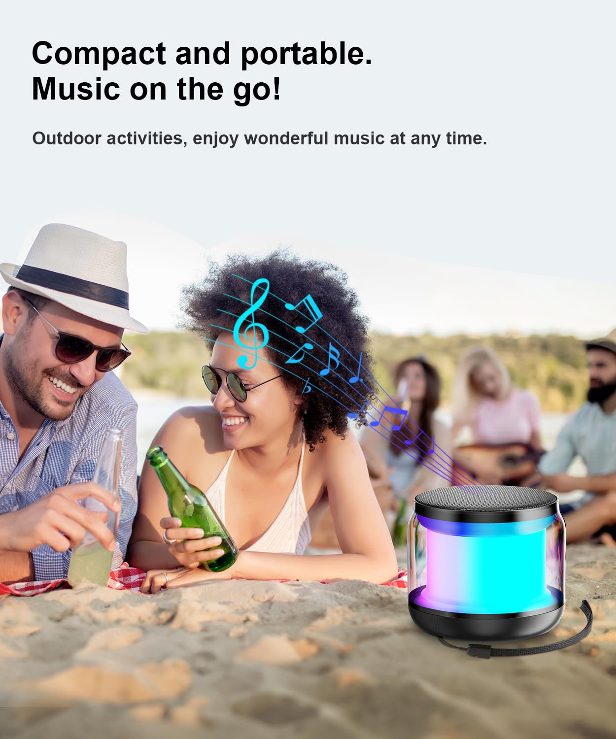 Mini Portable Bluetooth Speaker, TWS Pairing Bass LED Lights, Rechargeable | Long Playtime, Stereo Sound, BT 5.3, Home & Outdoor, AUX Input, TF Card, Lanyard, Christmas Birthday Gifts for Men Women Kids