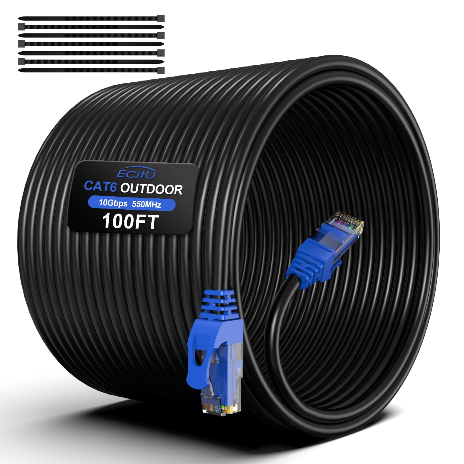 20FT Cat6 Outdoor Ethernet Cable, In-Ground, Heavy Duty Direct Burial, 24AWG CCA Patch Cord, PoE, UTP, Waterproof, LLDPE UV Resistant, Network, Internet, LAN, Cat 6 Cable 20 Feet with 25 Cable Ties