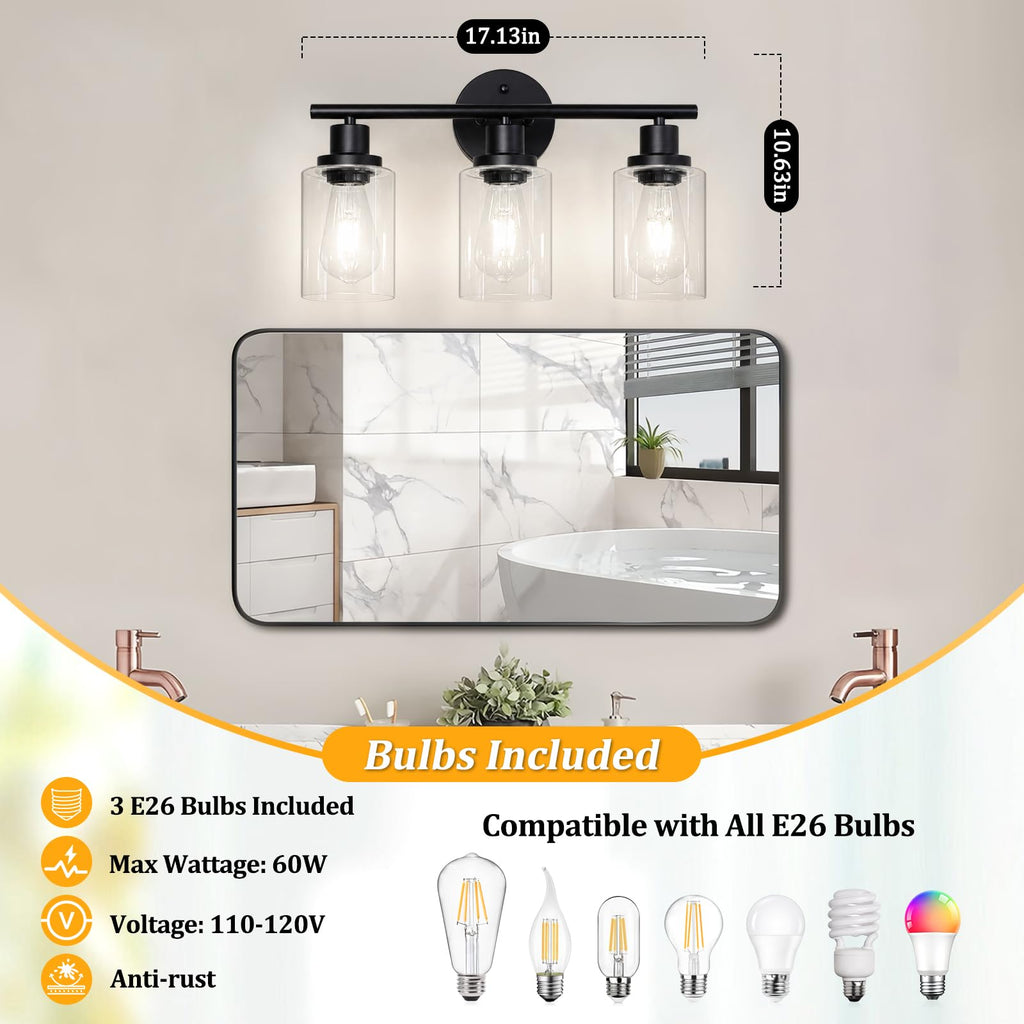 Unicozin 2 Pack Modern Bathroom Light Fixtures, 3 Light Vanity Lights, Black Wall Lamp with Clear Glass for Bathroom, Mirror, Living Room, Bedroom, Hallway, E26 Base