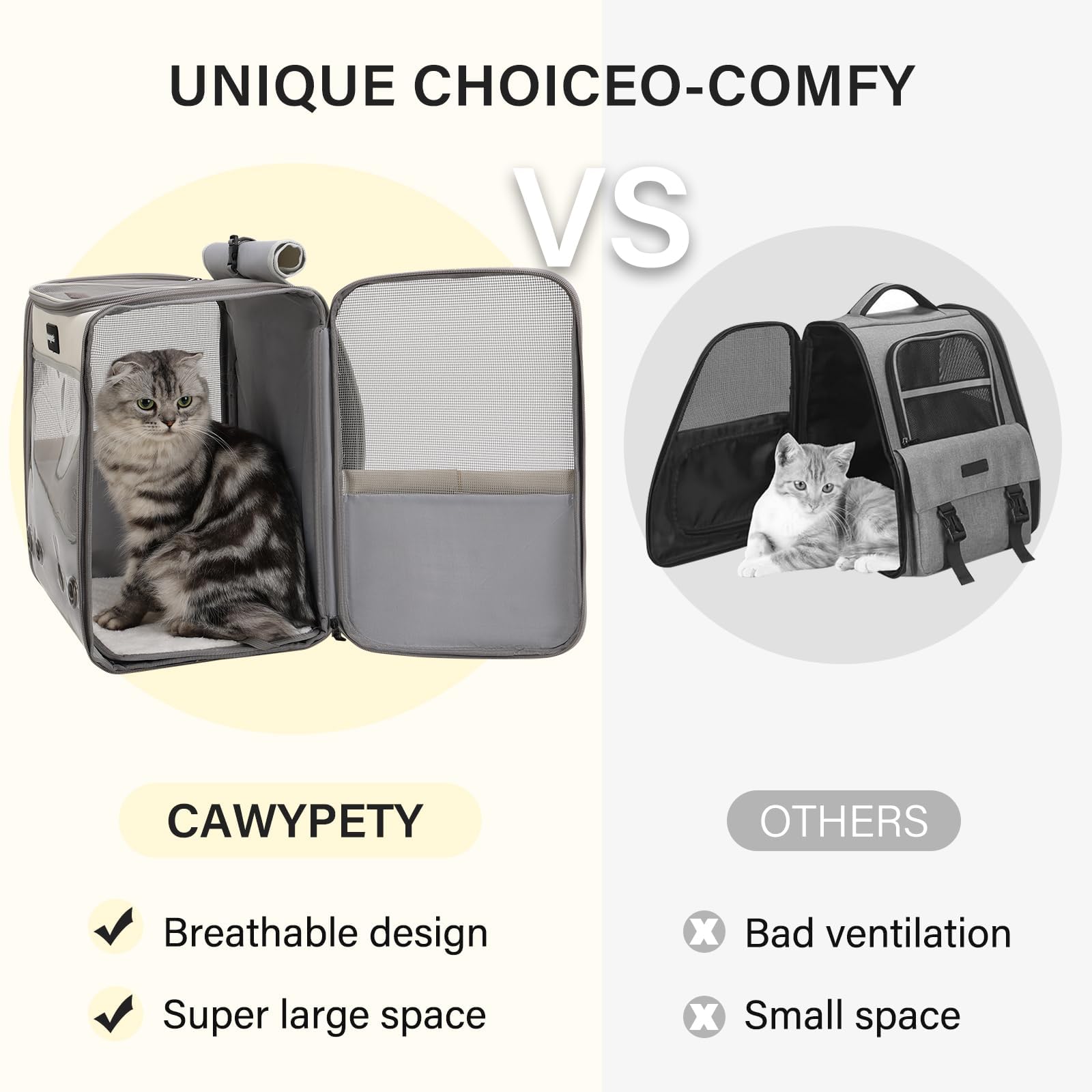 Cawypety Cat Backpack Carrier, Breathable Cat Carrier Large Space Bubble Pet Backpack for Kitty Small Dog up to 12lbs, Transparent & Foldable Pet Carrier for Travel Hiking (Black