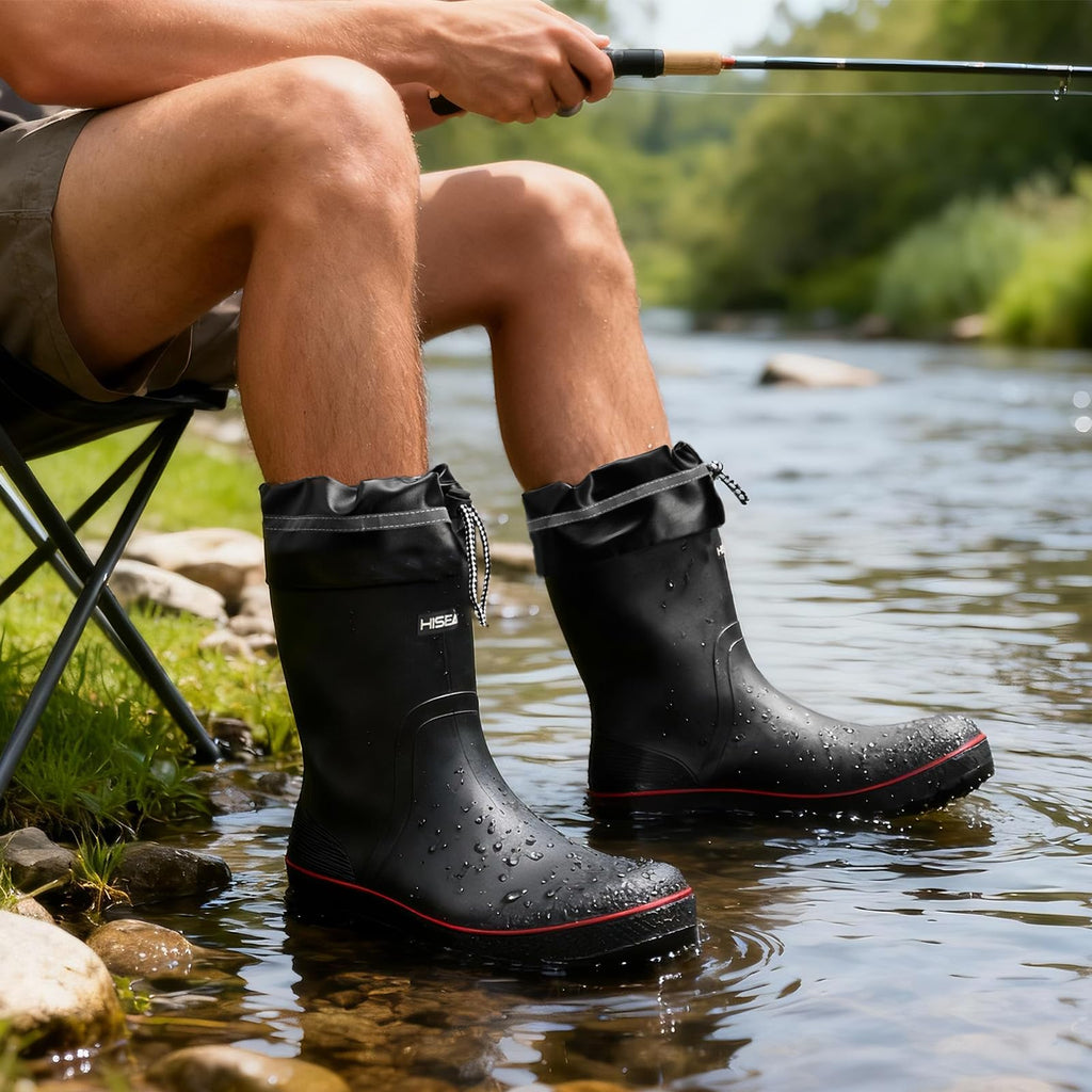 HISEA Men's Rain Boots Waterproof PVC Rubber Mud Boots, Lightweight Comfort Mid-Calf Work Boots, Garden Shoes for Fishing, Farming, Walking Dogs
