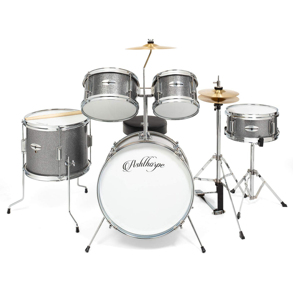 Ashthorpe 5-Piece Complete Kids Drum Set with Genuine Brass Cymbals - Junior Beginner Kit with 16" Bass, Throne, Hi-Hats, Pedals & Drumsticks - Black
