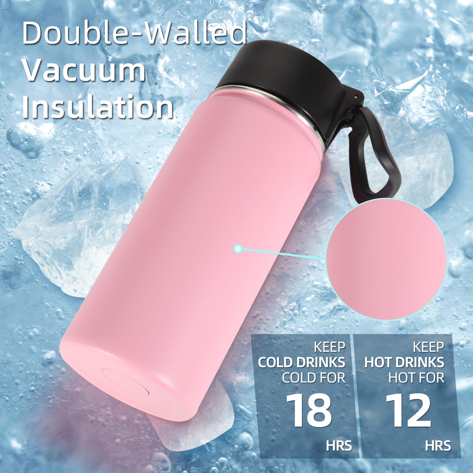 Volhoply Kids Insulated Water Bottle with Straw,16oz Stainless Steel Cold Water Bottles for School,BPA-Free Metal Wide Mouth Cups with Handle Lid,Reusable Double Wall Vacuum Sport Flask(Black,1)