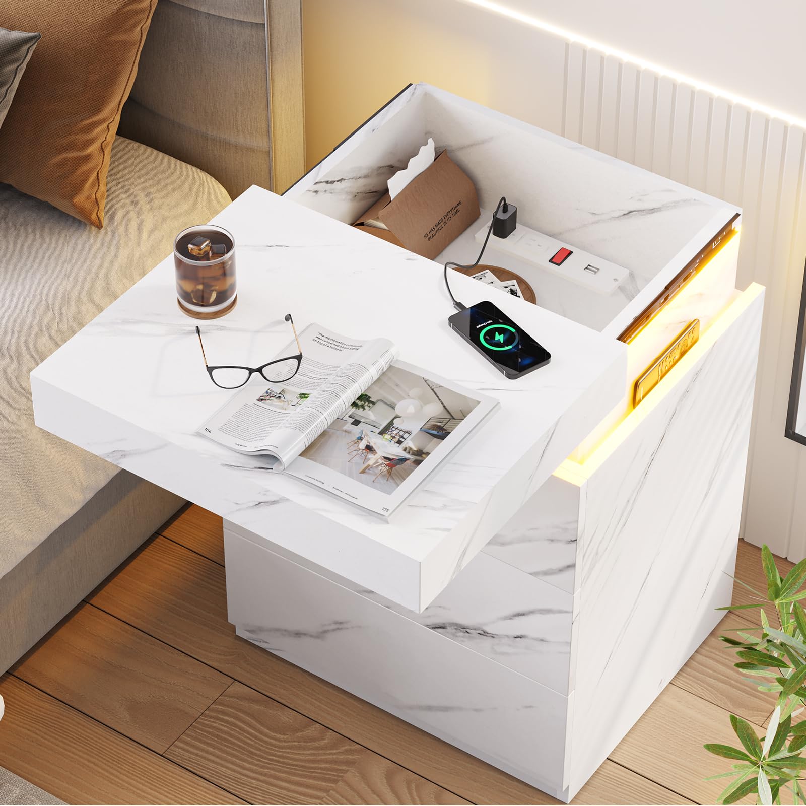 BTHFST LED Nightstands Set of 2,Night Stands for Bedroom Set of 2,Nightstand with Charging Station and Sliding Top,Bedside Table with Power Outlets & Drawers,Modern End Side Table (Black)
