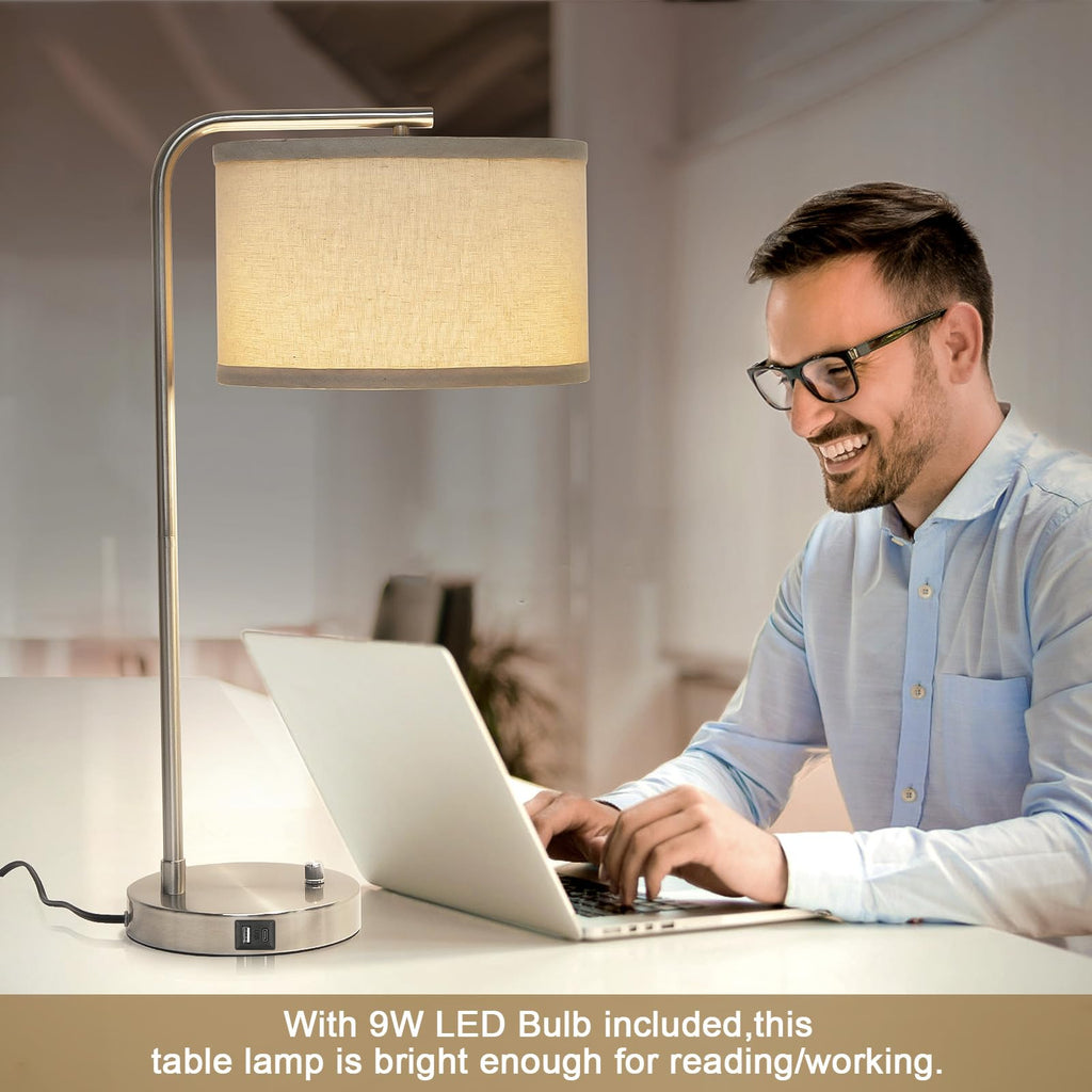 Table Lamps Set of 2, Fully Dimmable Bedside Lamp with USB C+A Charging Ports, Modern Nightstand Lamps with Linen Fabric Shades, Tall Desk Lamp for Bedroom, Living Room, Office, LED Bulb Included