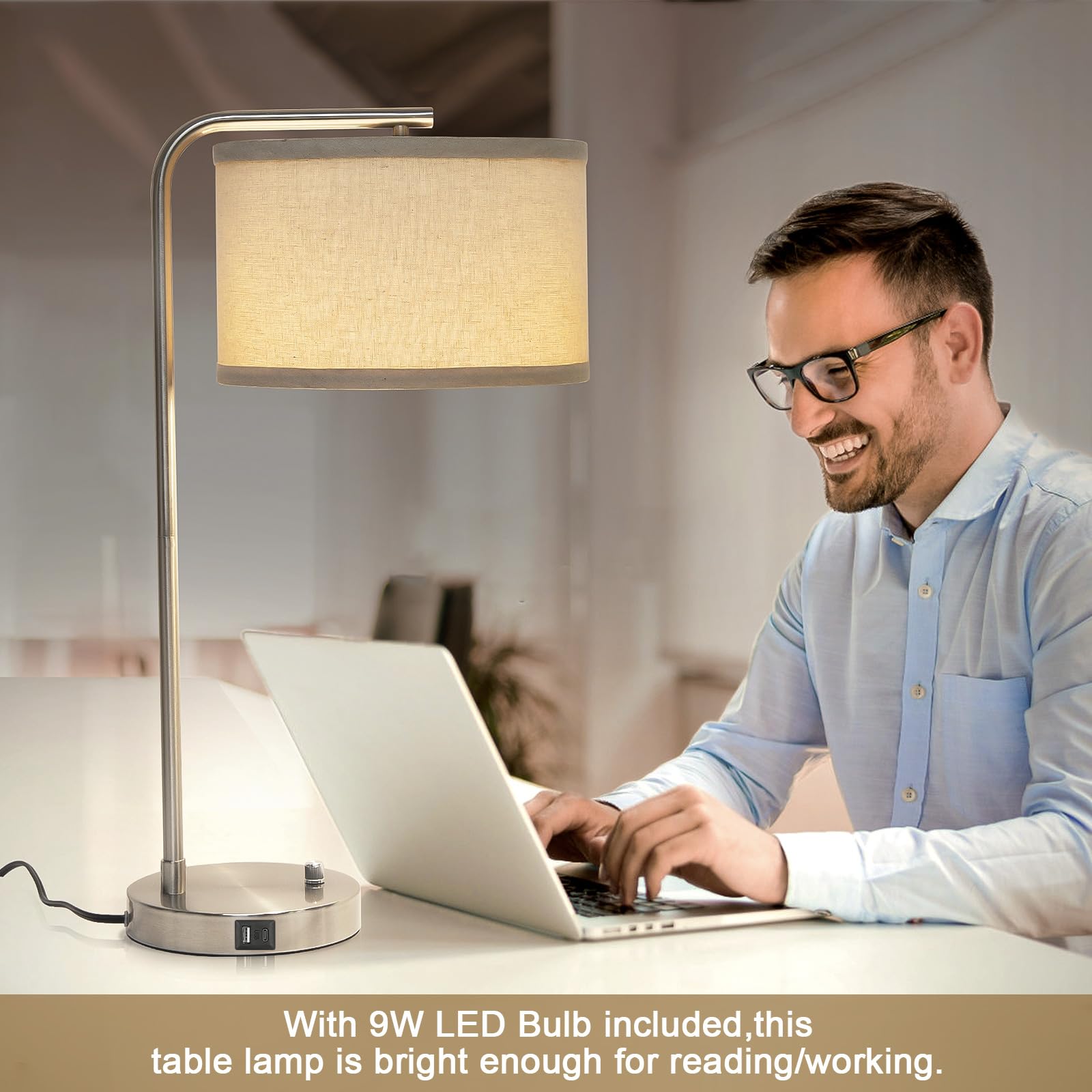 Table Lamps Set of 2, Fully Dimmable Bedside Lamp with USB C+A Charging Ports, Modern Nightstand Lamps with Linen Fabric Shades, Tall Desk Lamp for Bedroom, Living Room, Office, LED Bulb Included