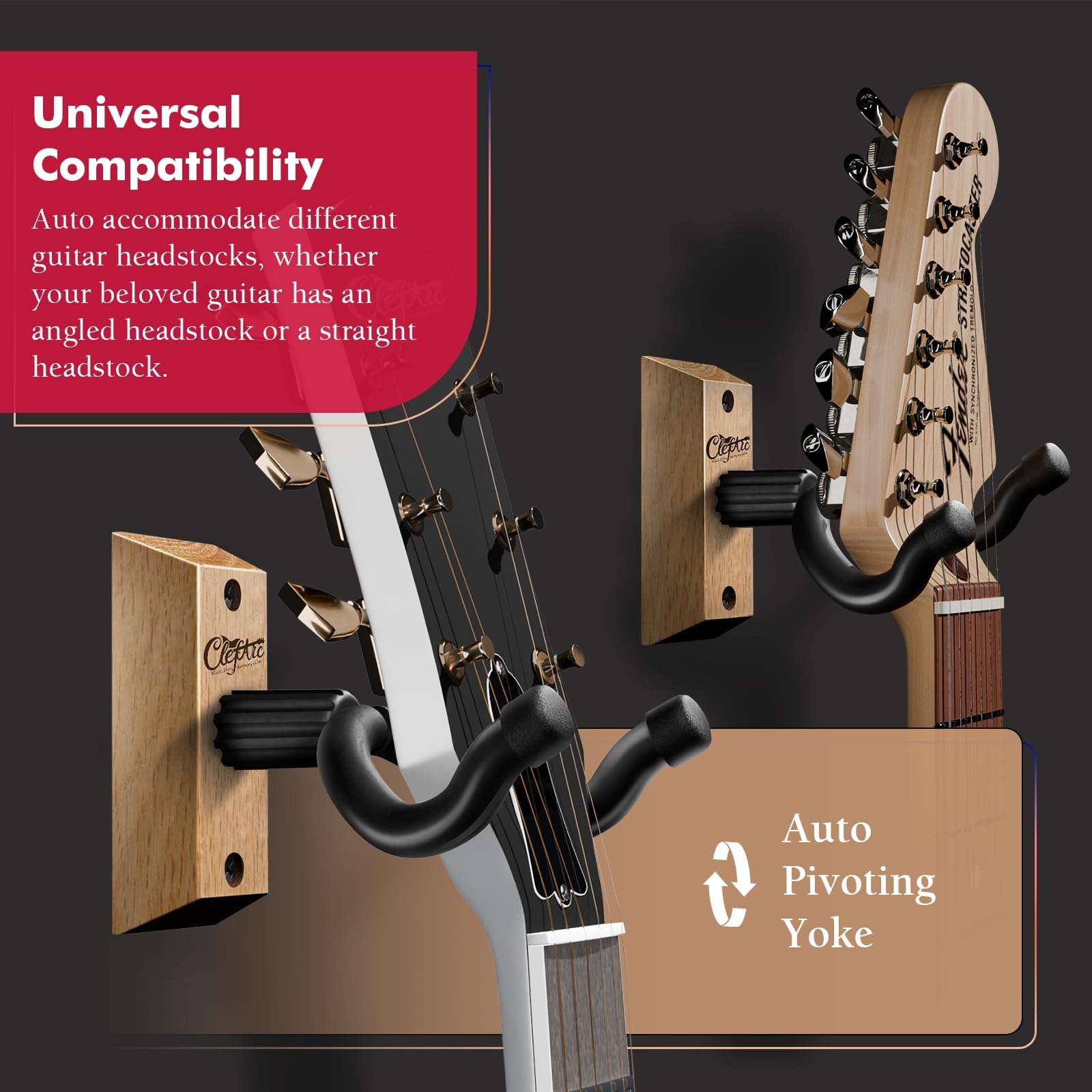 Guitar Wall Mount Beech Wood - 2 Pack U-Shape Guitar Wall Hangers, Guitar Picks, Pick Holder, Guitar Stand Wall, Guitar Hanger, Gifts for Guitarists, with 6 Assorted Guitar Picks