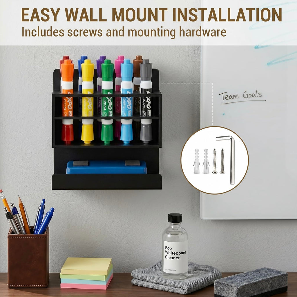 MyGift Dry Erase Marker Holder 10 Slots Whiteboard Marker Holder for Wall Dry Erase Eraser Holder Wall Mount Black