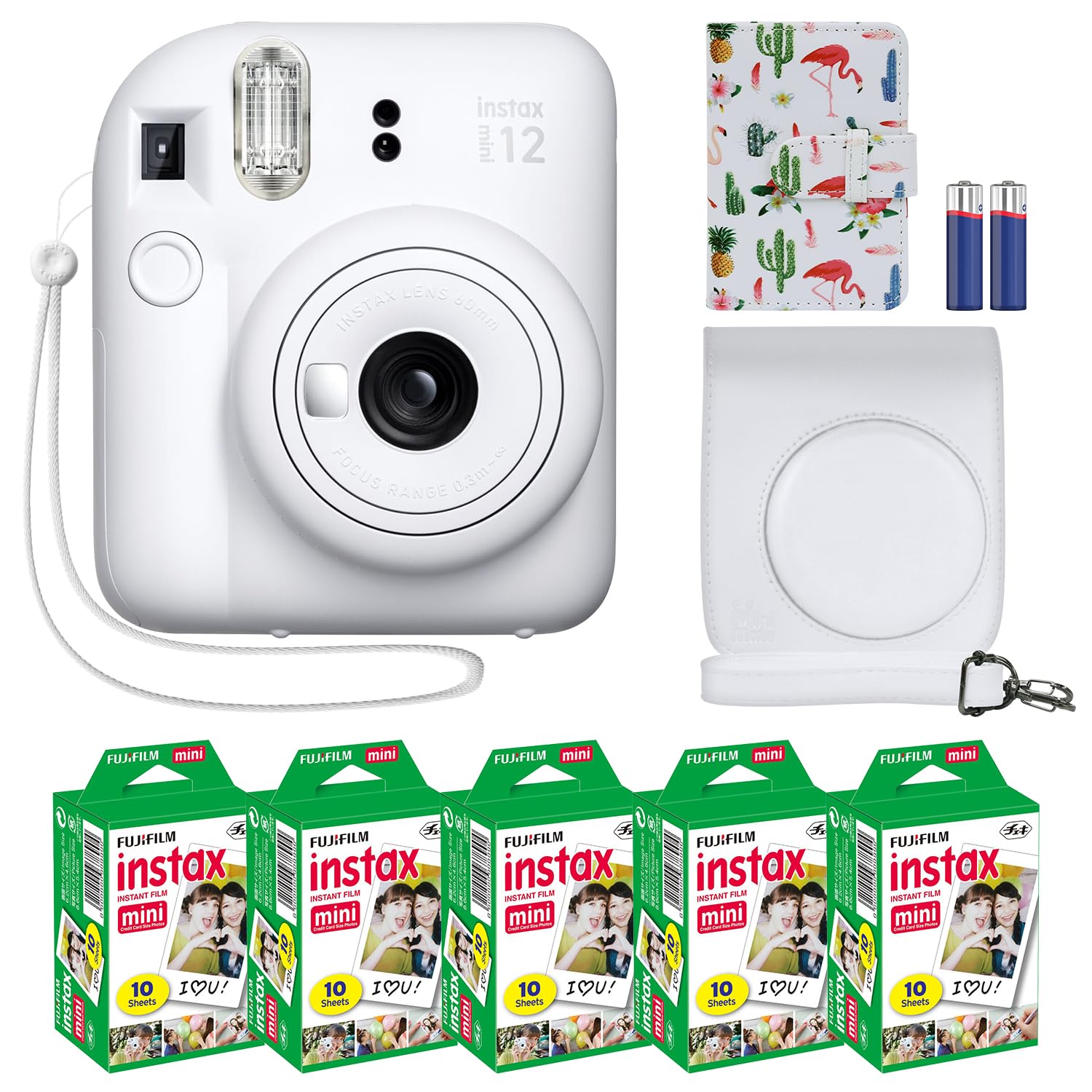 Fujifilm Instax Mini 12 Instant Camera + MiniMate Accessory Bundle & Compatible Custom Case + Fuji Instax Film Value Pack (50 Sheets) Flamingo Designer Photo Album (Mint Green)