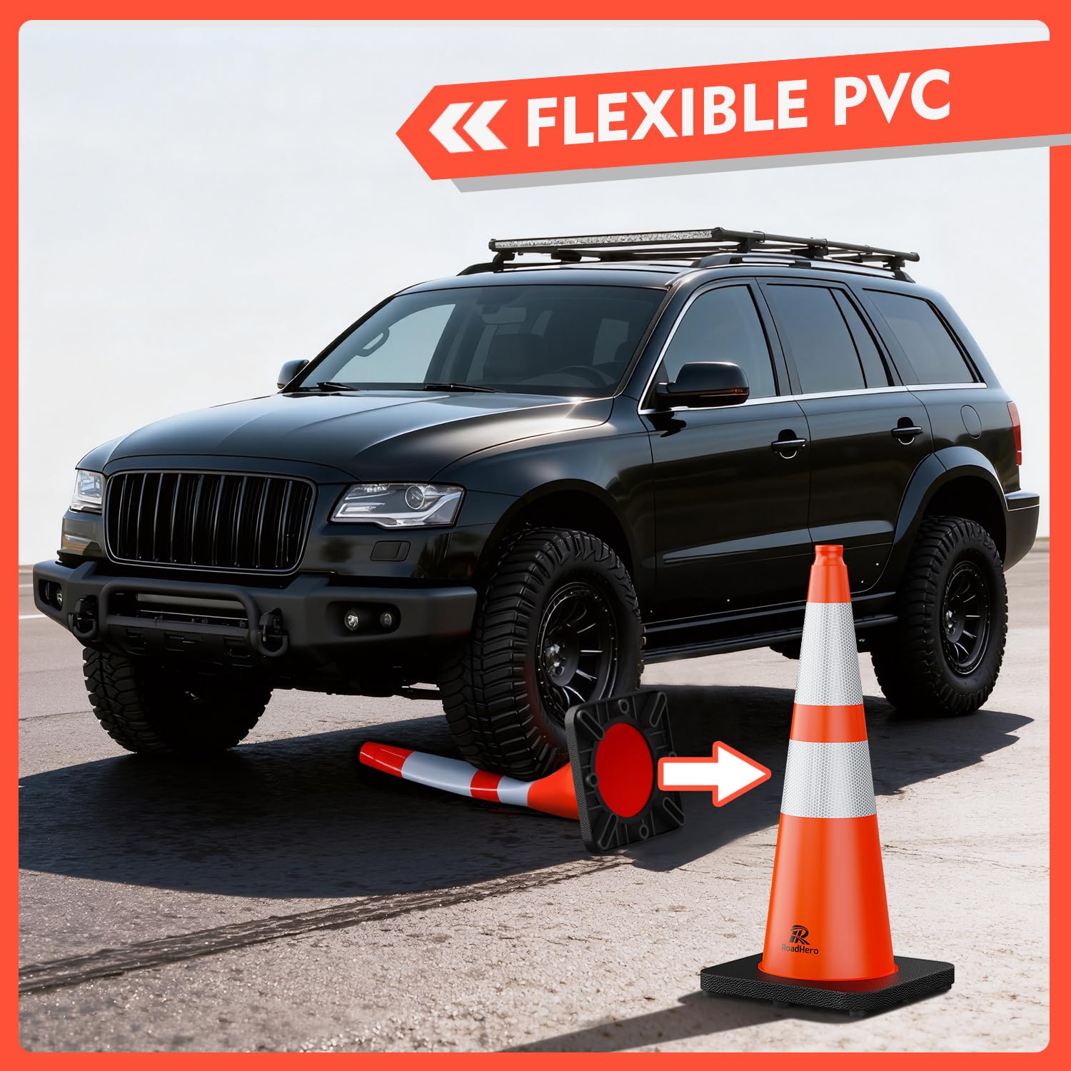 RoadHero 4 Pack Traffic Safety Cones 18 Inch with Black Weighted Base, Plastic PVC Cone, Orange Cones with Reflective Collar, Cones for Parking Lot, Construction Events, Road Safety