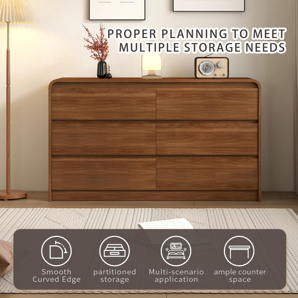 Messenya Modern 6 Drawer Dresser, 47-Inch Wood Chest of Drawers, Curved Anti-Collision Design, Mid-Century Storage Cabinet, Pre-Embedded Slots, for Bedroom, Living Room, TV Stand, Nursery