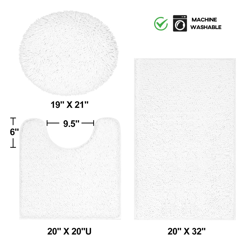 TREETONE Chenille Bath Mat 3 Pieces Bathroom Rugs Set, 20x20 Inches U-Shape Contoured Toilet Mat & 20x32 Inches Rug & Lid Cover,Water Absorbent Plush Rugs for Tub Shower & Bath Room -Beige