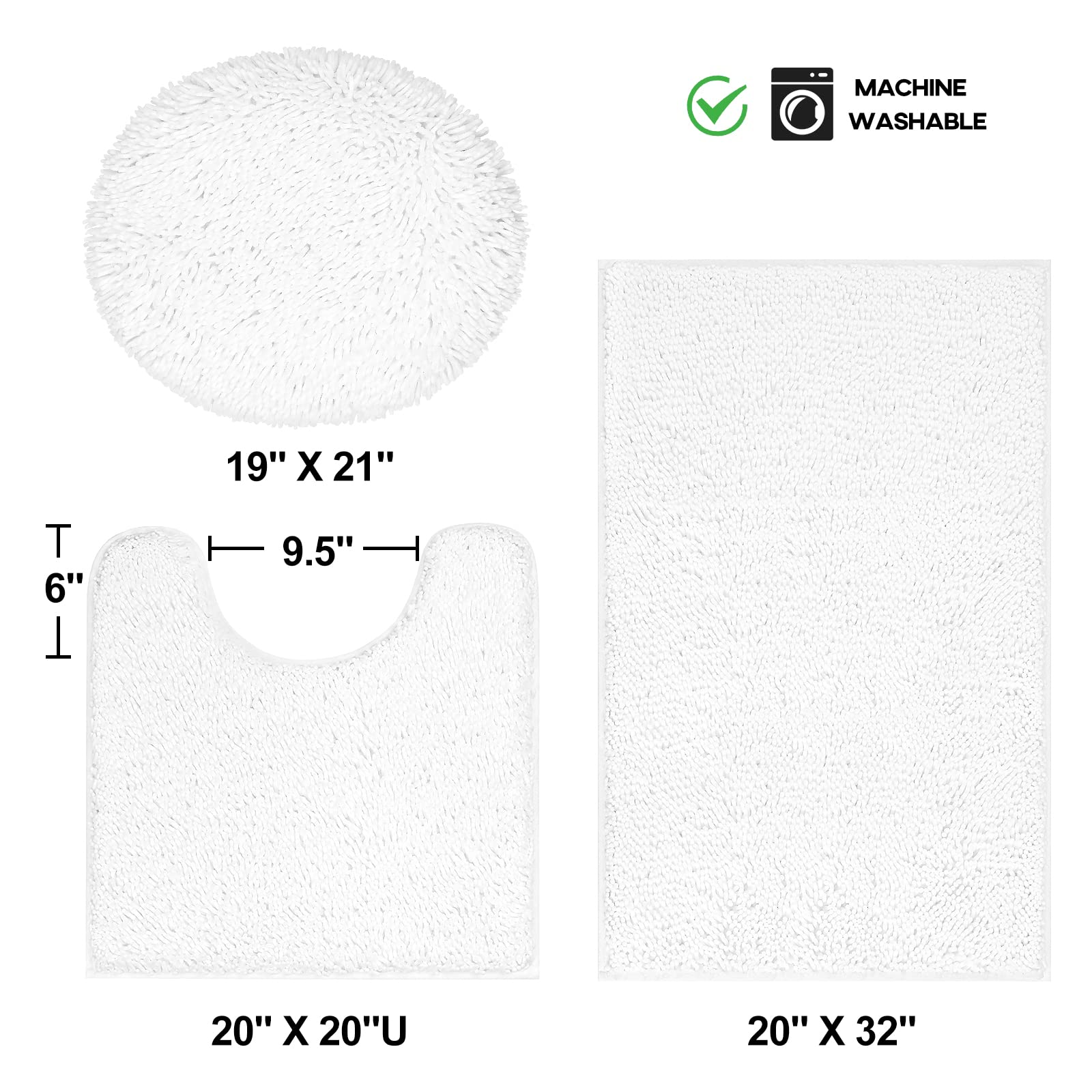 TREETONE Chenille Bath Mat 3 Pieces Bathroom Rugs Set, 20x20 Inches U-Shape Contoured Toilet Mat & 20x32 Inches Rug & Lid Cover,Water Absorbent Plush Rugs for Tub Shower & Bath Room -Beige