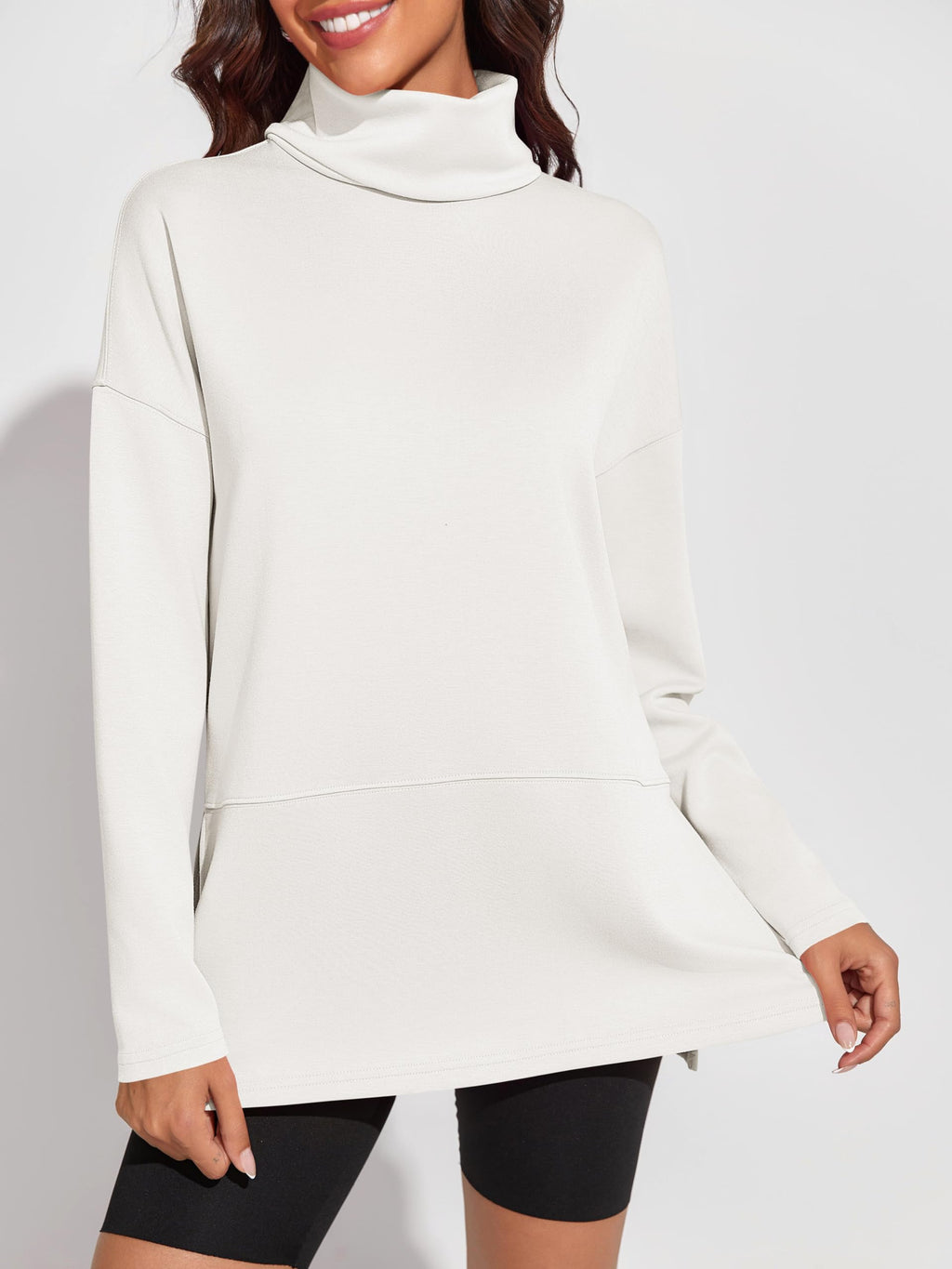 Fisoew Women's Turtleneck Oversized Sweatshirt Casual Long Sleeve Loose Side Slit Pullovers Tunic Tops