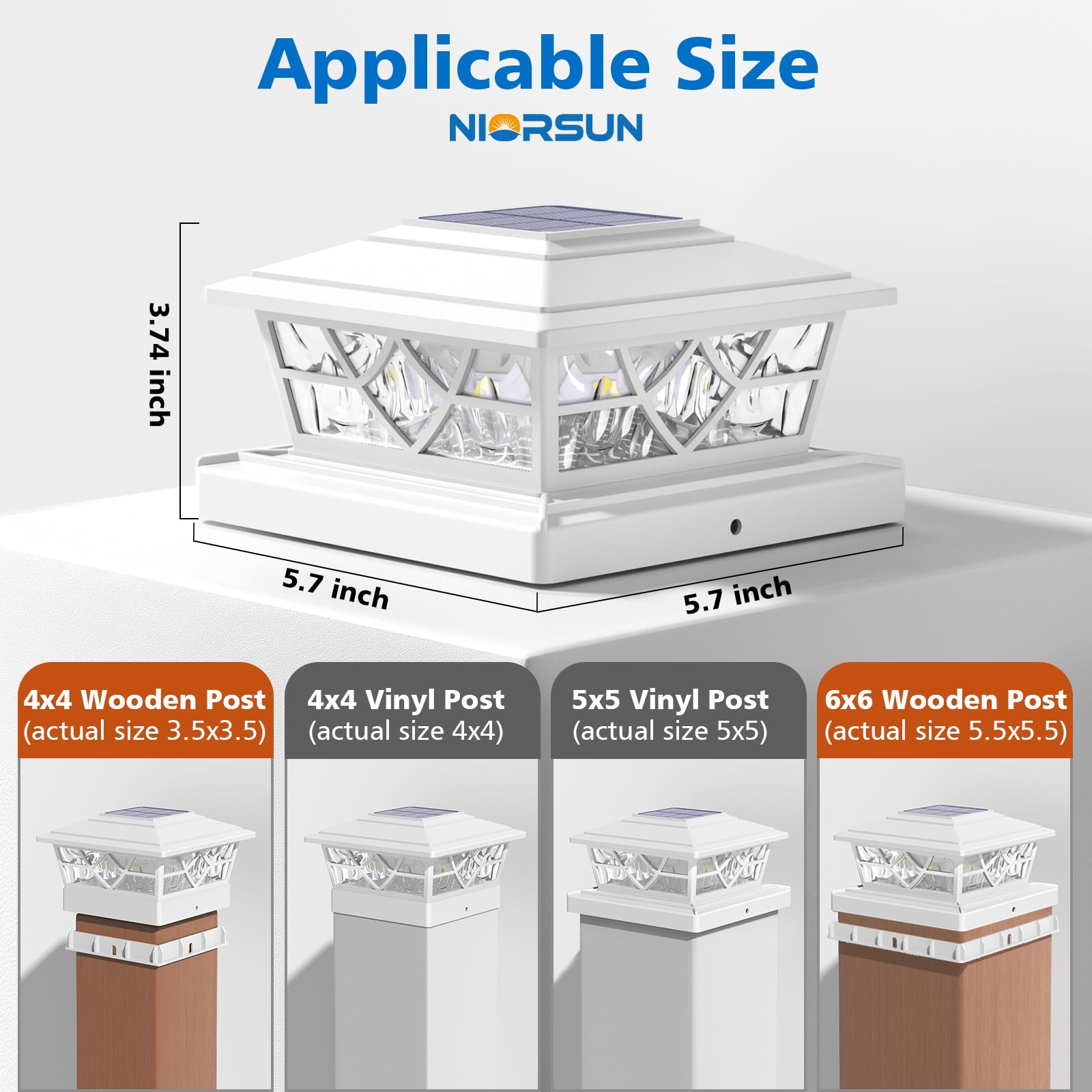 NIORSUN Solar Post Lights Outdoor 4 Pack, 2 Modes LED, Deck Fence Post Solar Lights for 3.5x3.5 4x4 5x5 5.5x5.5 Caps Patio Garden Decoration, White
