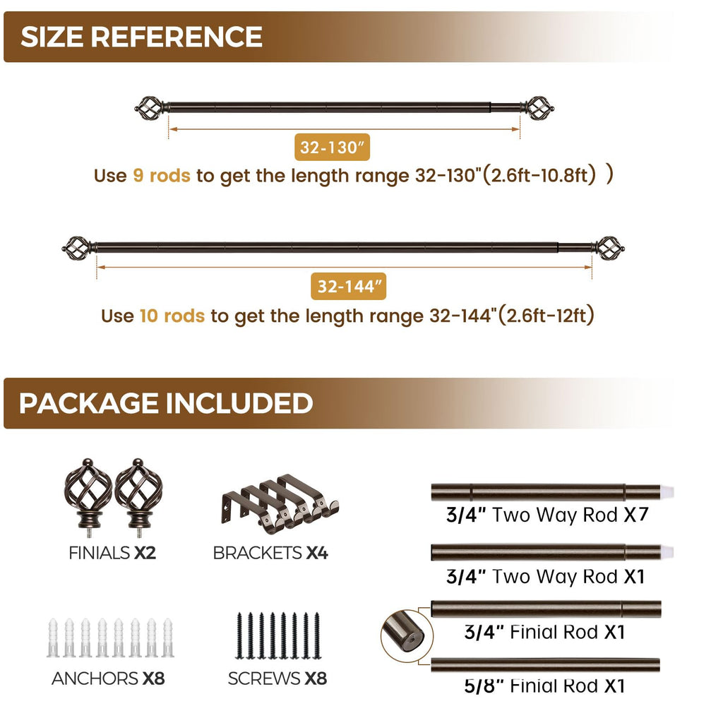 KAMANINA Silver Curtain Rod 32 to 58 Inch(2.6-4.8ft), Adjustable Curtain Rods for Windows 28 to 48 Inch, 3/4 Inch Splicing Drapery Rods with Twisted Cage Finial