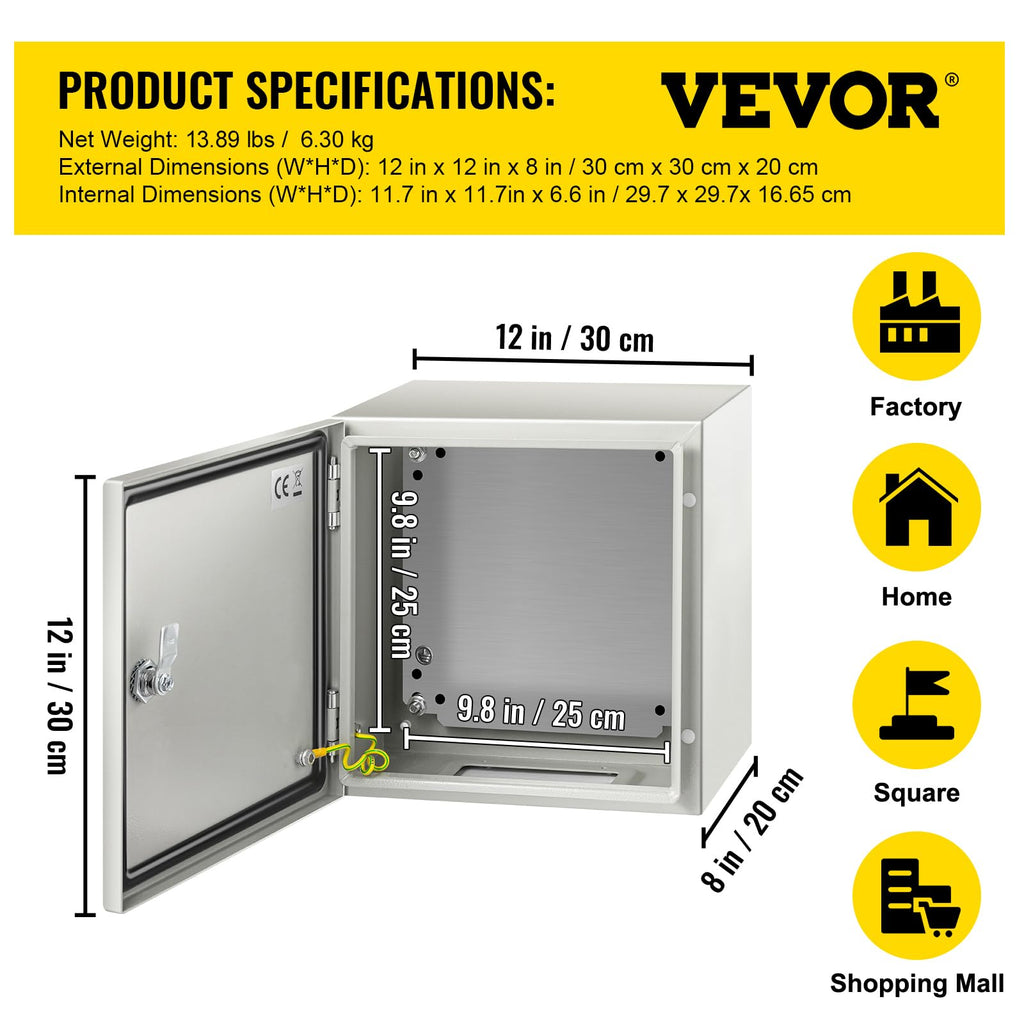 VEVOR NEMA Steel Enclosure, 8" x 8" x 6" NEMA 4X Steel Electrical Box, IP66 Waterproof & Dustproof, Outdoor/Indoor Electrical Junction Box, with Mounting Plate