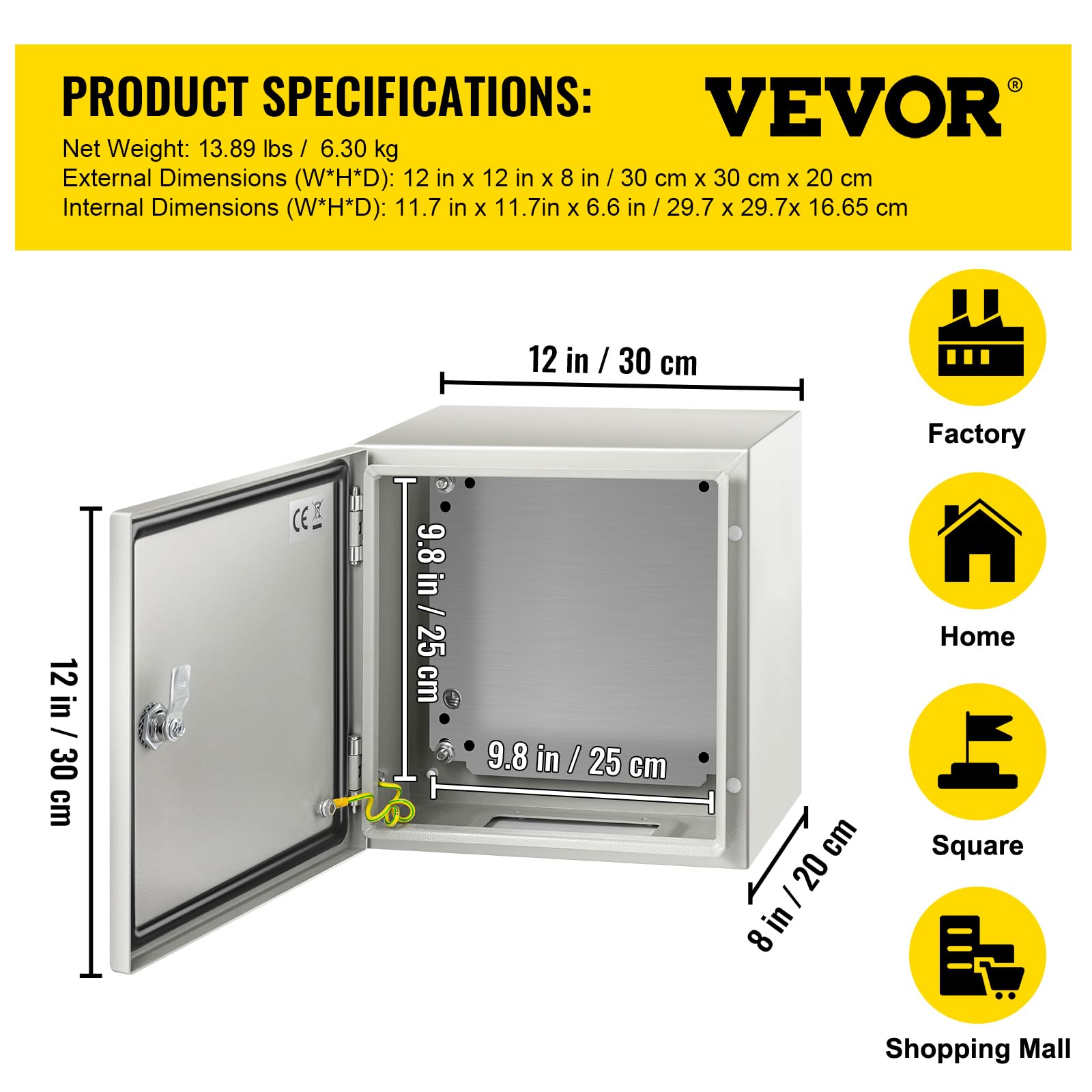 VEVOR NEMA Steel Enclosure, 8" x 8" x 6" NEMA 4X Steel Electrical Box, IP66 Waterproof & Dustproof, Outdoor/Indoor Electrical Junction Box, with Mounting Plate