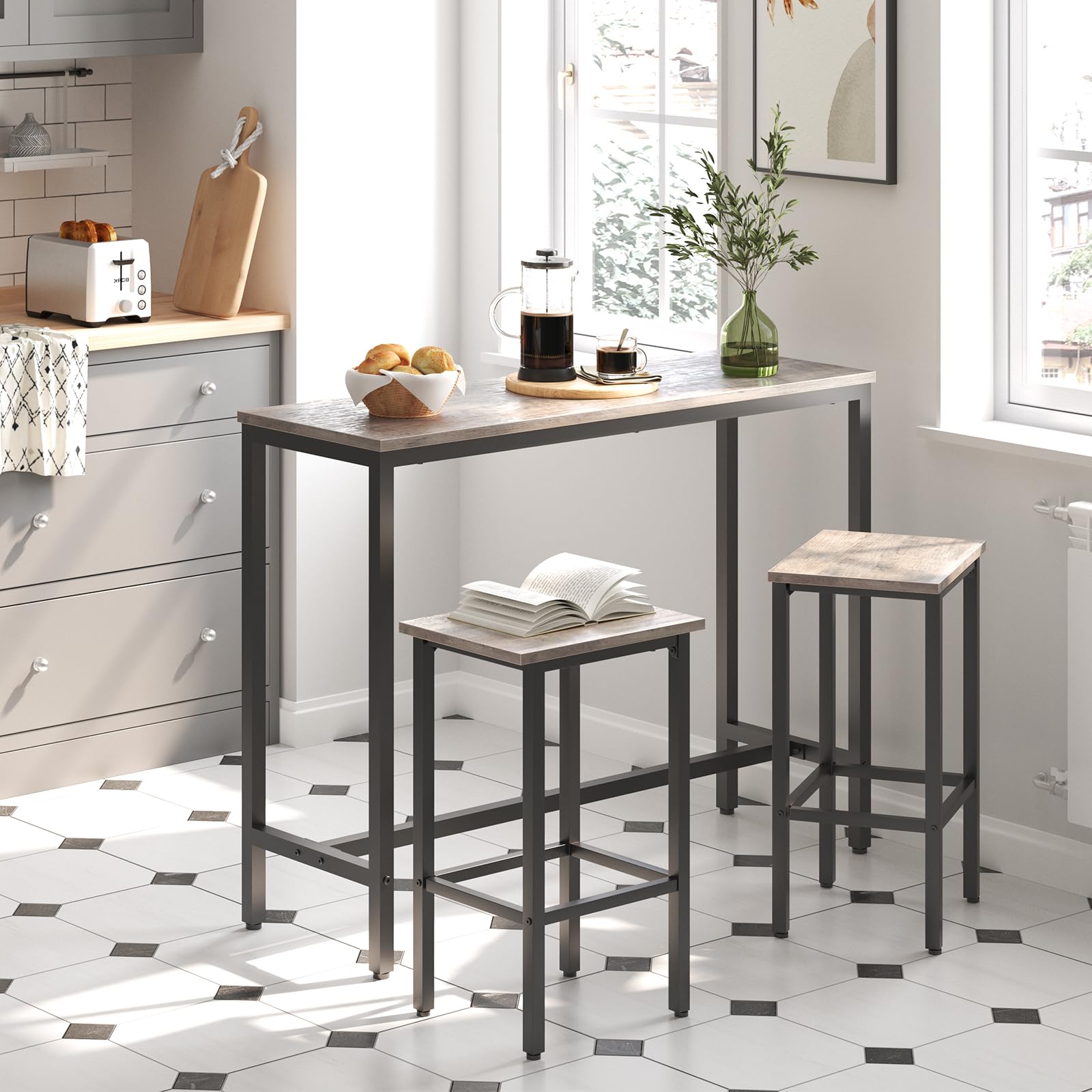 Rectangular Pub Bar Table & Stools Set, 3-Piece Breakfast Table, Grey, HOOBRO