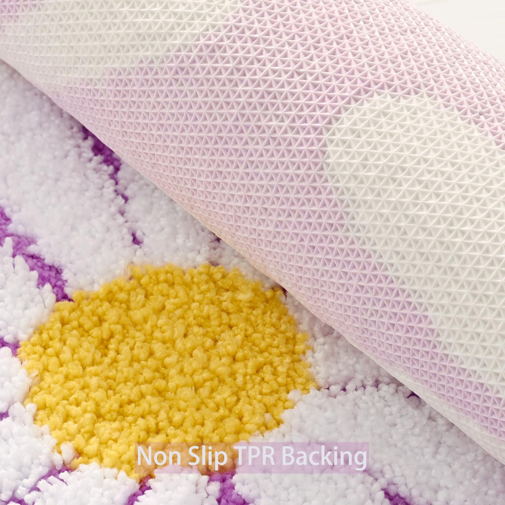 QJHOMO Beige Bathroom Rugs Cute Daisy Bath Mat White and Yellow Flower Decor Rug Non Slip Floor Carpet Microfiber Bathmat Super Absorbent Machine Washable Bathtub Mats for Shower (16x24 inch)