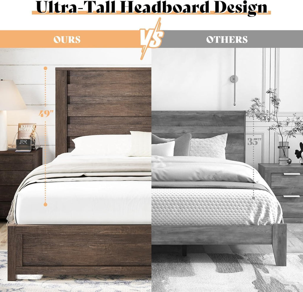 AMERLIFE Farmhouse Full Size Bed Frame with 49" Fluted Headboard, Wood Platform Bed with Natural Grain, No Box Spring Needed/Noise Free, Black
