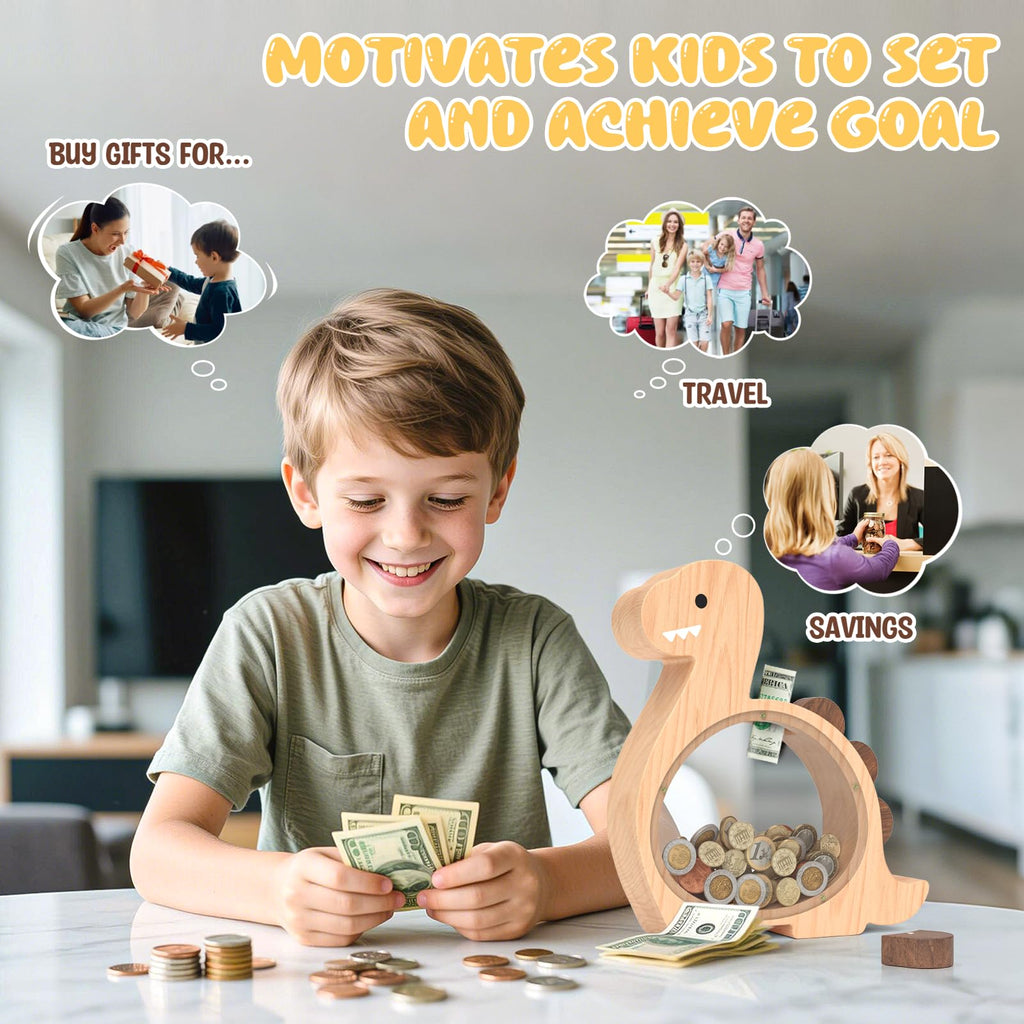 Summidate Wooden Dinosaur Piggy Bank for Kids Boys, Cute Wood Dino Money Bank for Toddlers, Creative Saving Coin Jar, Personalized Present for Child Birthday & Decor (Brachiosaurus, Custom)
