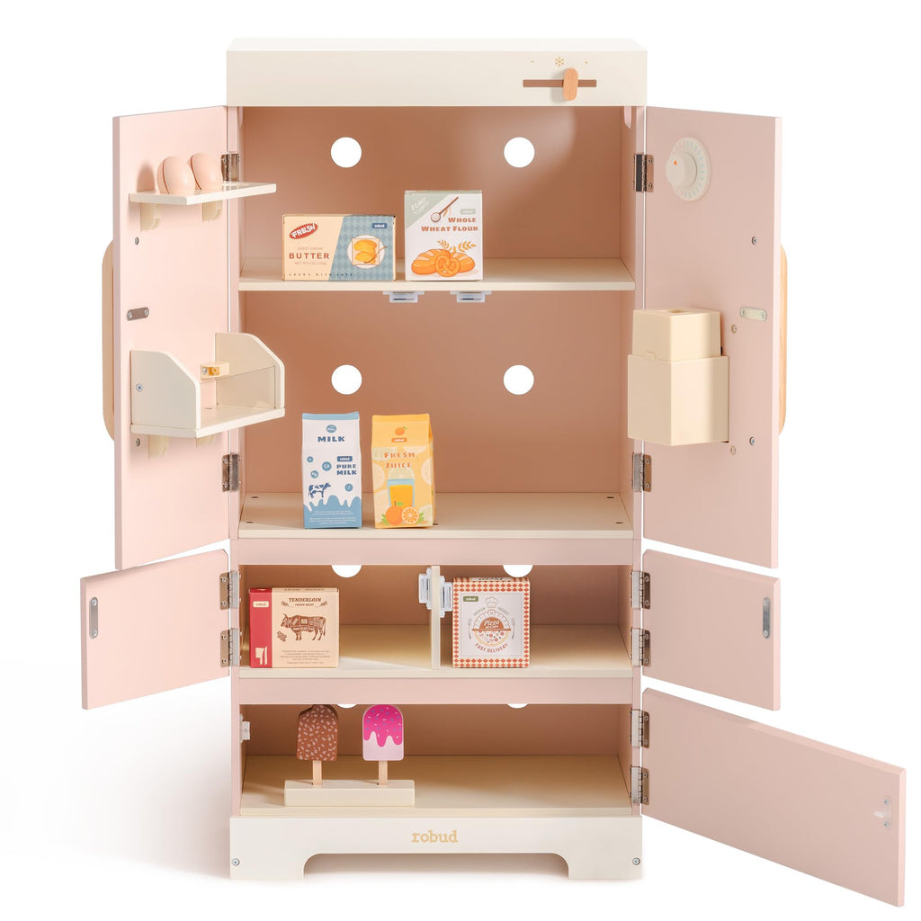 ROBUD Wooden Play Kitchen Fridge, Toy Kitchen Refrigerator, Kids Fridge Freezer Set with Ice Maker, Kitchen Playset Gift for Kids & Toddlers, Age 3+ (Caramel)