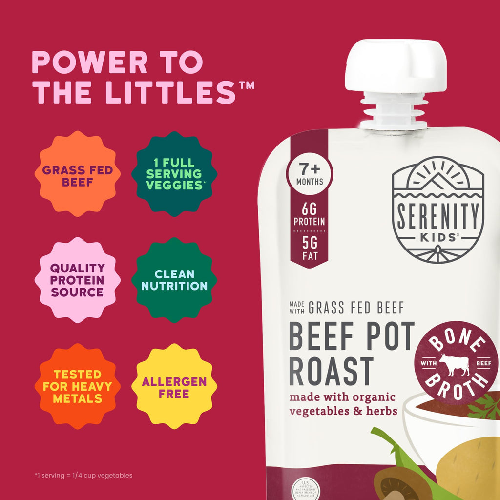 Serenity Kids Bone Broth Puree Made With Organic Veggies | Clean Label Project Purity Award Certified | 3.5 Ounce BPA-Free Pouch | Grass Fed Beef Pot Roast | 1 Count