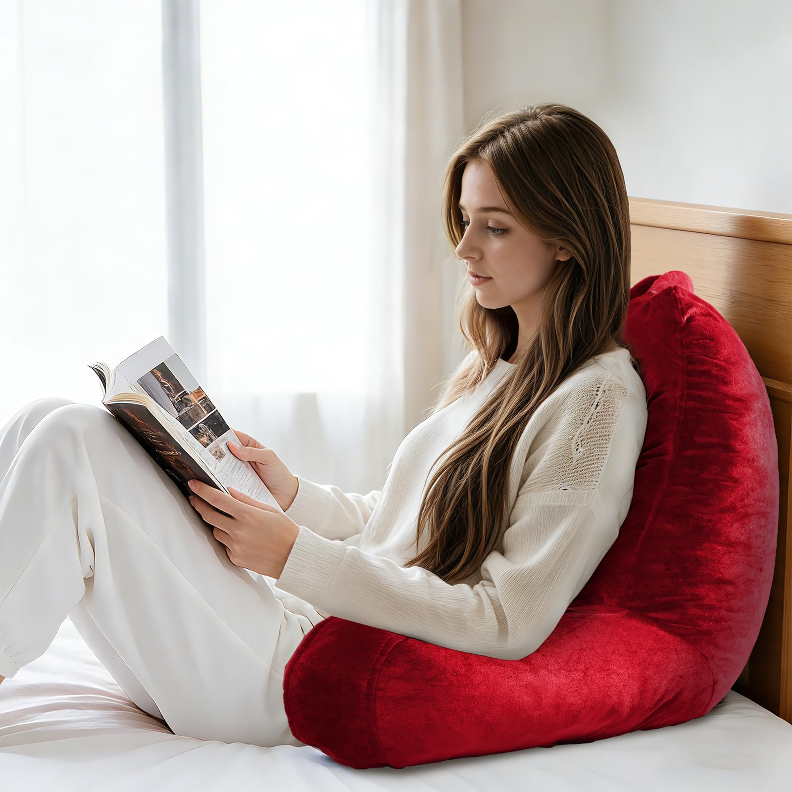 OAISZ Reading Pillow for Sitting in Bed Adult, Reading Pillow with Shredded Memory Foam, Bed Pillow with Washable Cover, Back Pillow Sitting Up with Extend Arms, Beige, X-Large