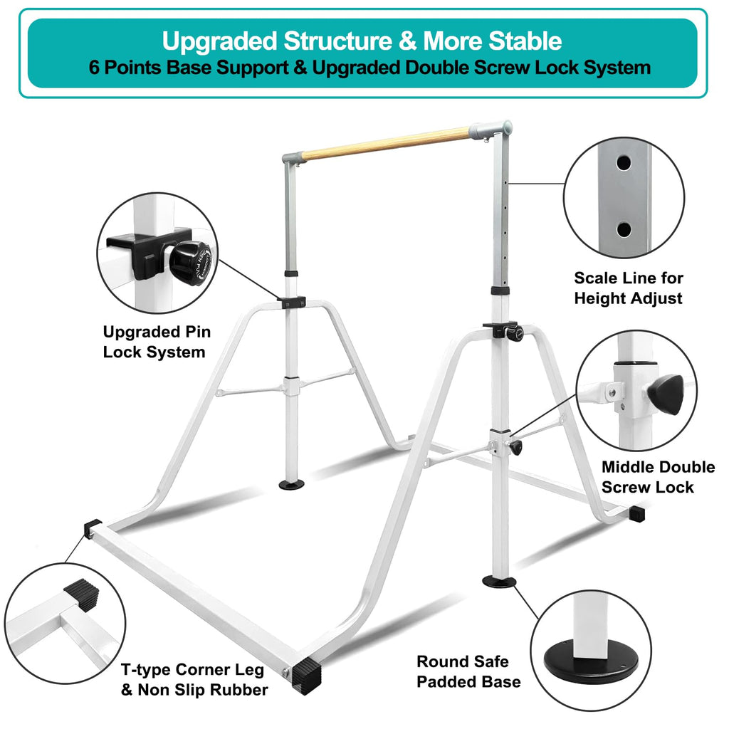 Foldable & Moveable Gymnastics Horizontal Bar with Rings,3’to 5’Adjustable Height Expandable Junior Kip Bar for Home,Indoor Gym Equipment for Kids