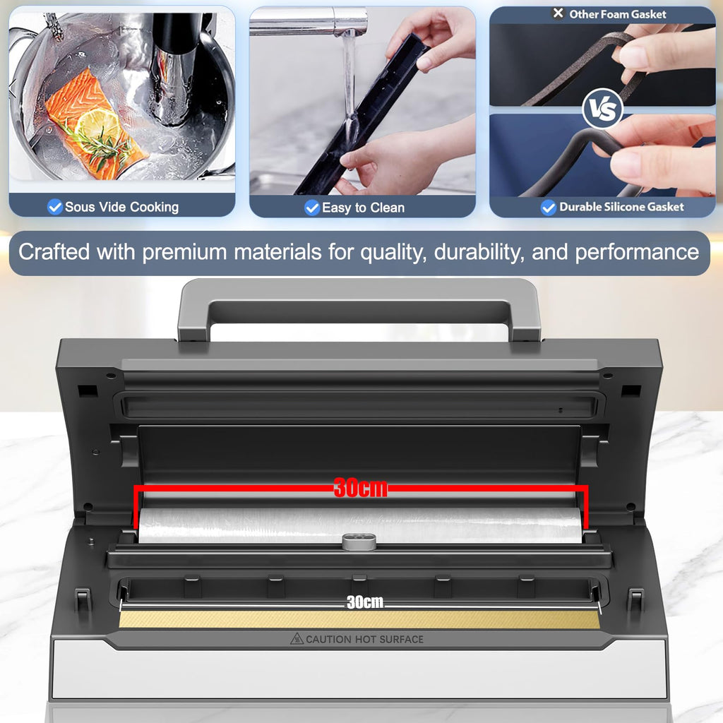 Powerful Suction Vacuum Sealer Machine,Commercial Fully Automatic Food Vacuum Sealer with Double Heat Seal,Dry & Moist Modes,Built-in Cutter,Bags Storage,Easy-Lock Handle,Include 2 Bag Rolls (Black)