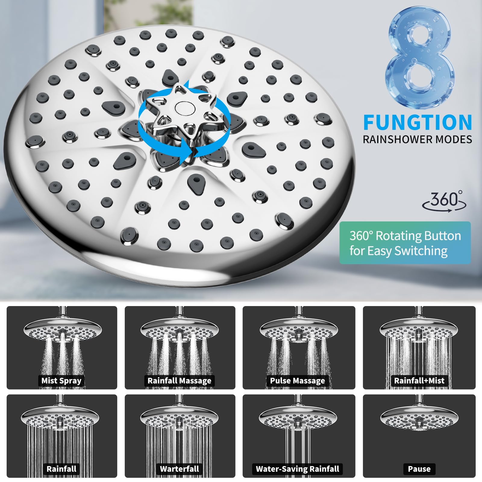 EMBATHER Shower Faucets Sets Complete, with 3 Setting High Pressure Shower Head Combo, Bathroom Wall Mounted Rainfall Shower System Fixtures with 8-Mode Handheld Spray, Brushed Nickel