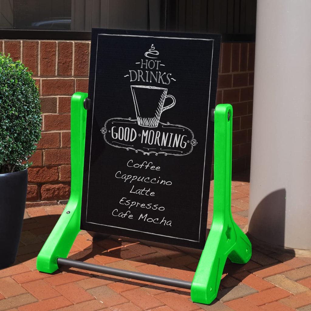 Swinging Changeable Message Sidewalk Sign: 24" x 36" Sign with 792 Pre-Cut Double Sided Letters and Storage Box. Includes Black Board & Letter Board (Black Color Legs)