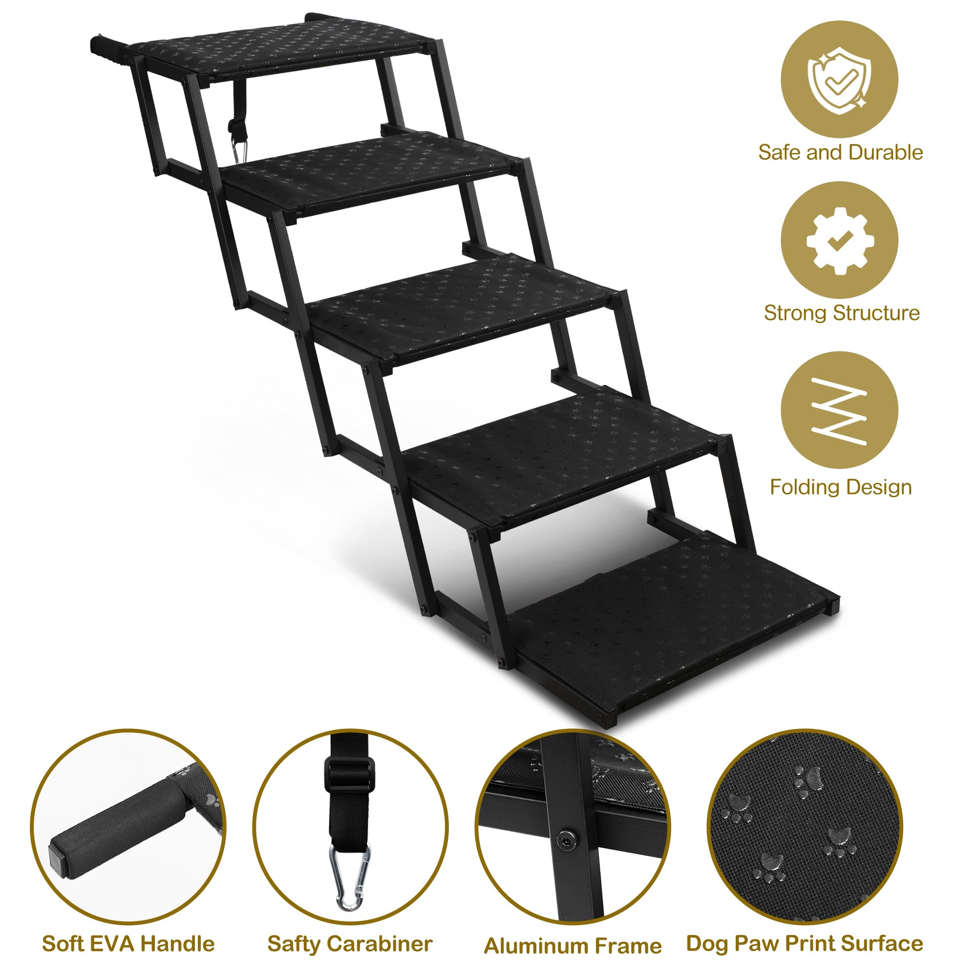 Dog Stairs for Car - Foldable Dog Ramps for Large Dogs with Non Slip Surface, Portable Dog Steps for Cars and SUV, Truck, Support Up to 200 Lbs