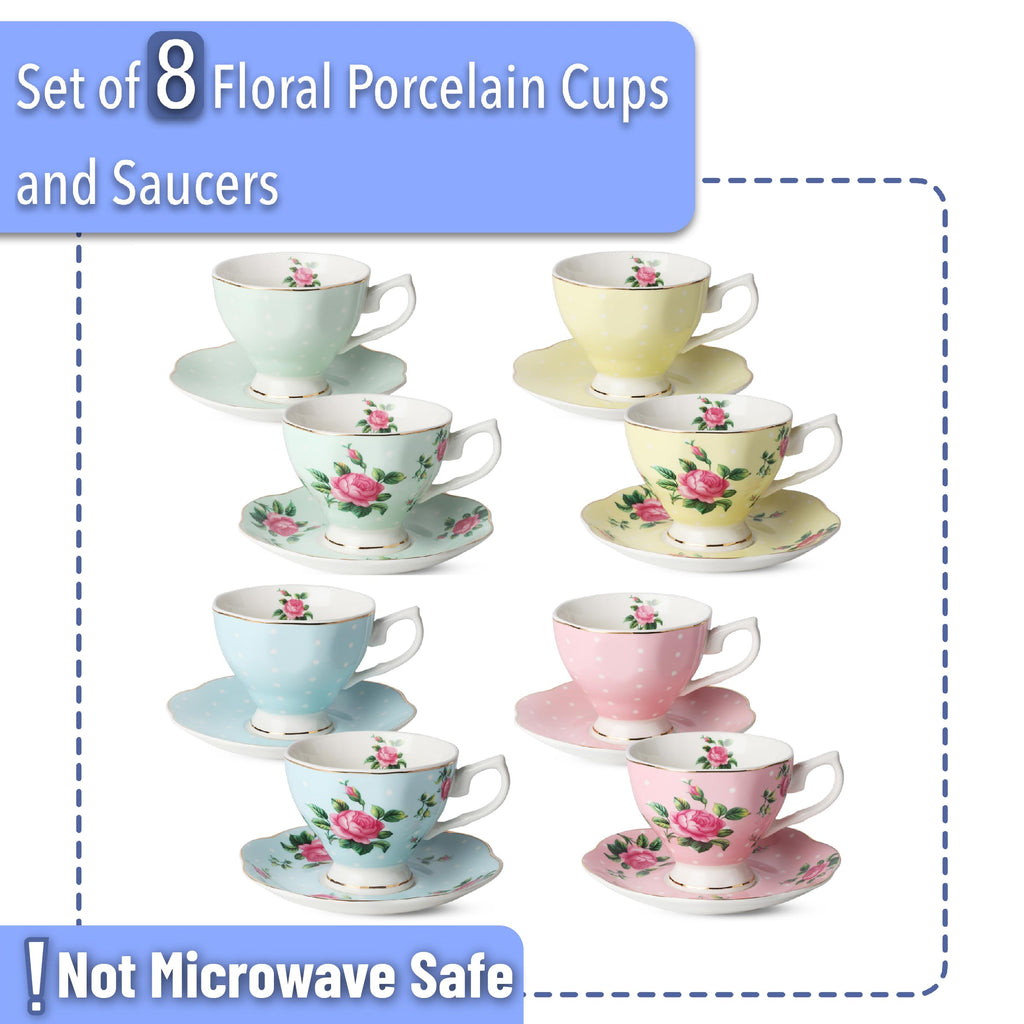 BTaT- Tea Cups and Saucers, Set of 6 with Spoon, 8 oz, Fine Porcelain Teacup Set with Gold Trim for Afternoon Tea, Weddings, Parties & Gifting, Dishwasher Safe, Lightweight, Non-Toxic